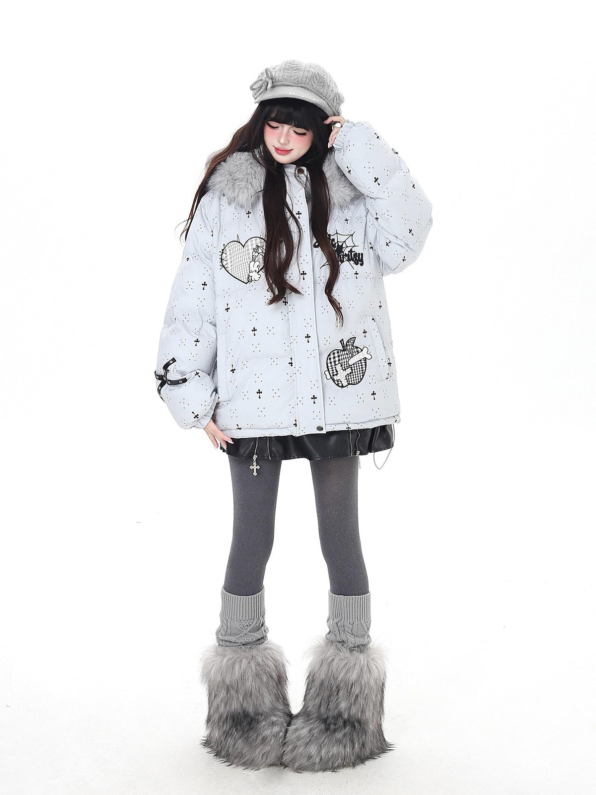Crazy Girl Lightweight Hooded Detachable Fur Collar Loose Fit Women&