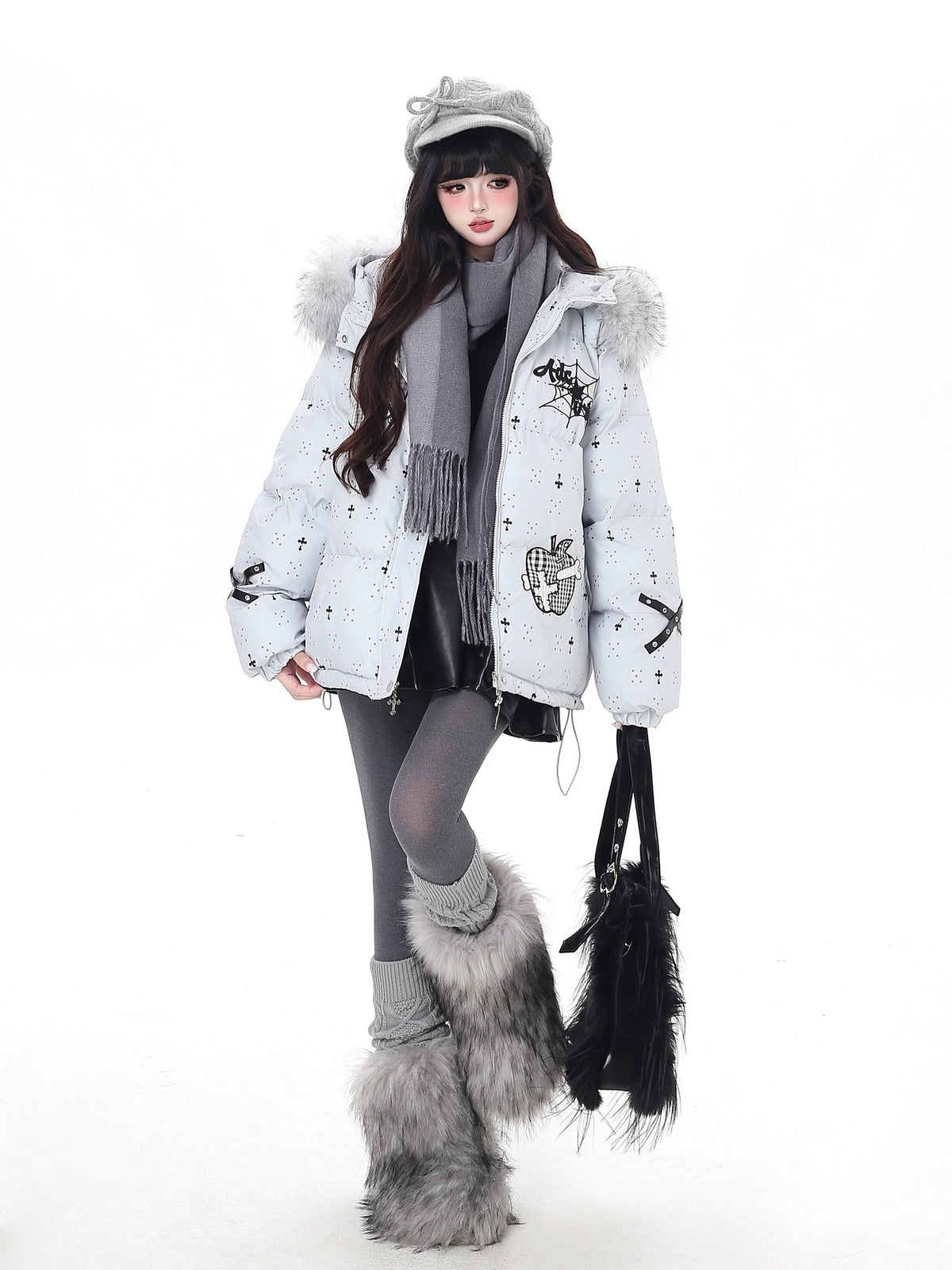 Crazy Girl Lightweight Hooded Detachable Fur Collar Loose Fit Women&