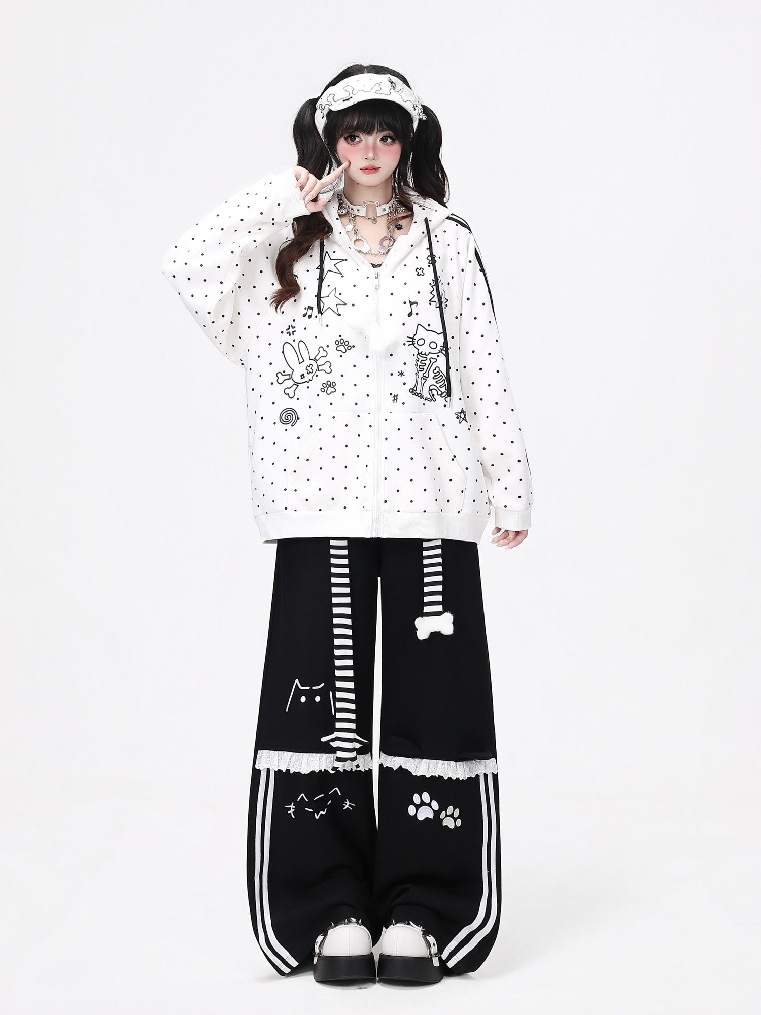 Crazy Girl Line Art Cat Polka Dot Embroidered Lace High Waist Women&