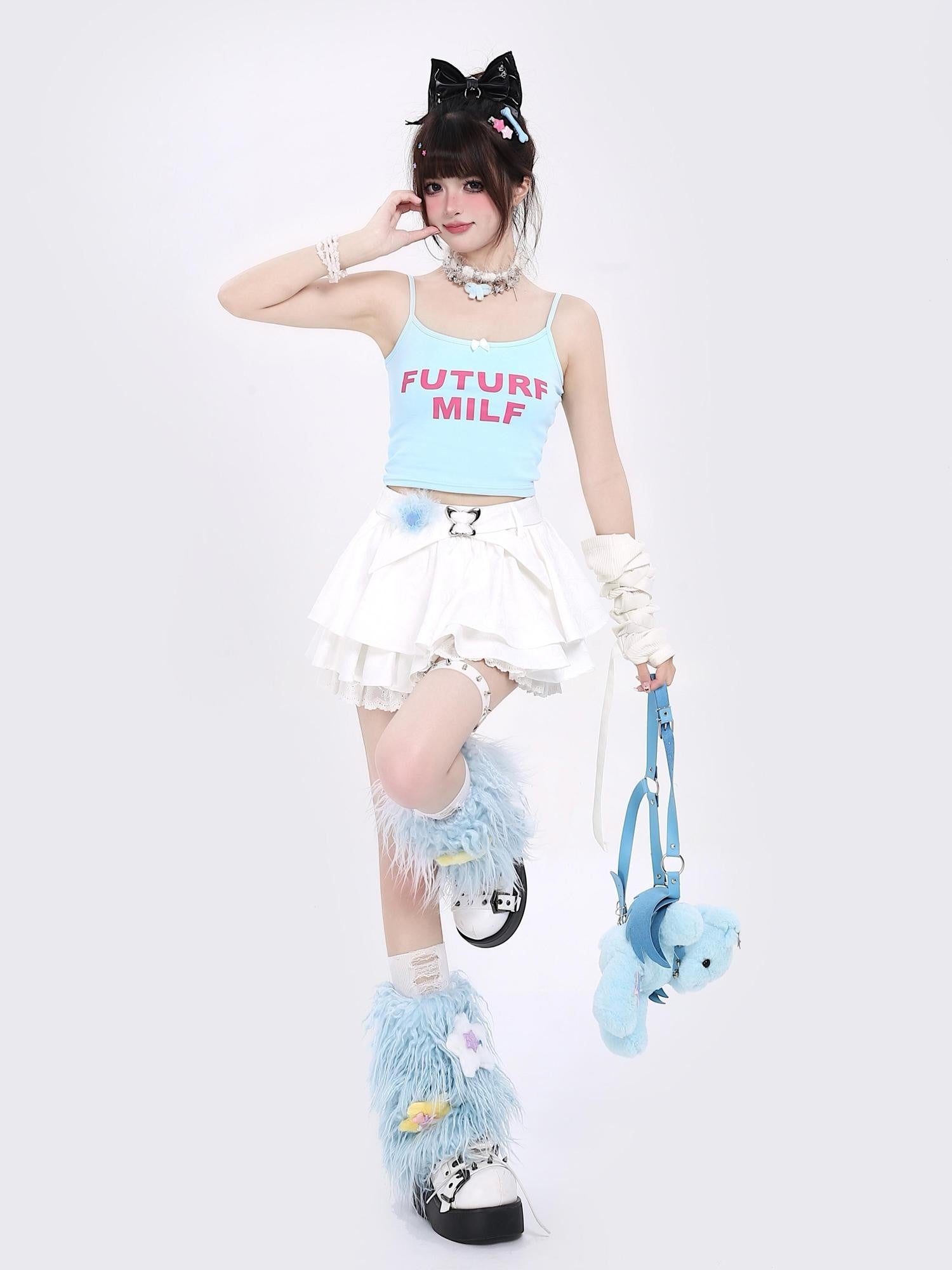 Crazy Girl Long Leg Bow Jacquard Pleated Puff A Line Women&
