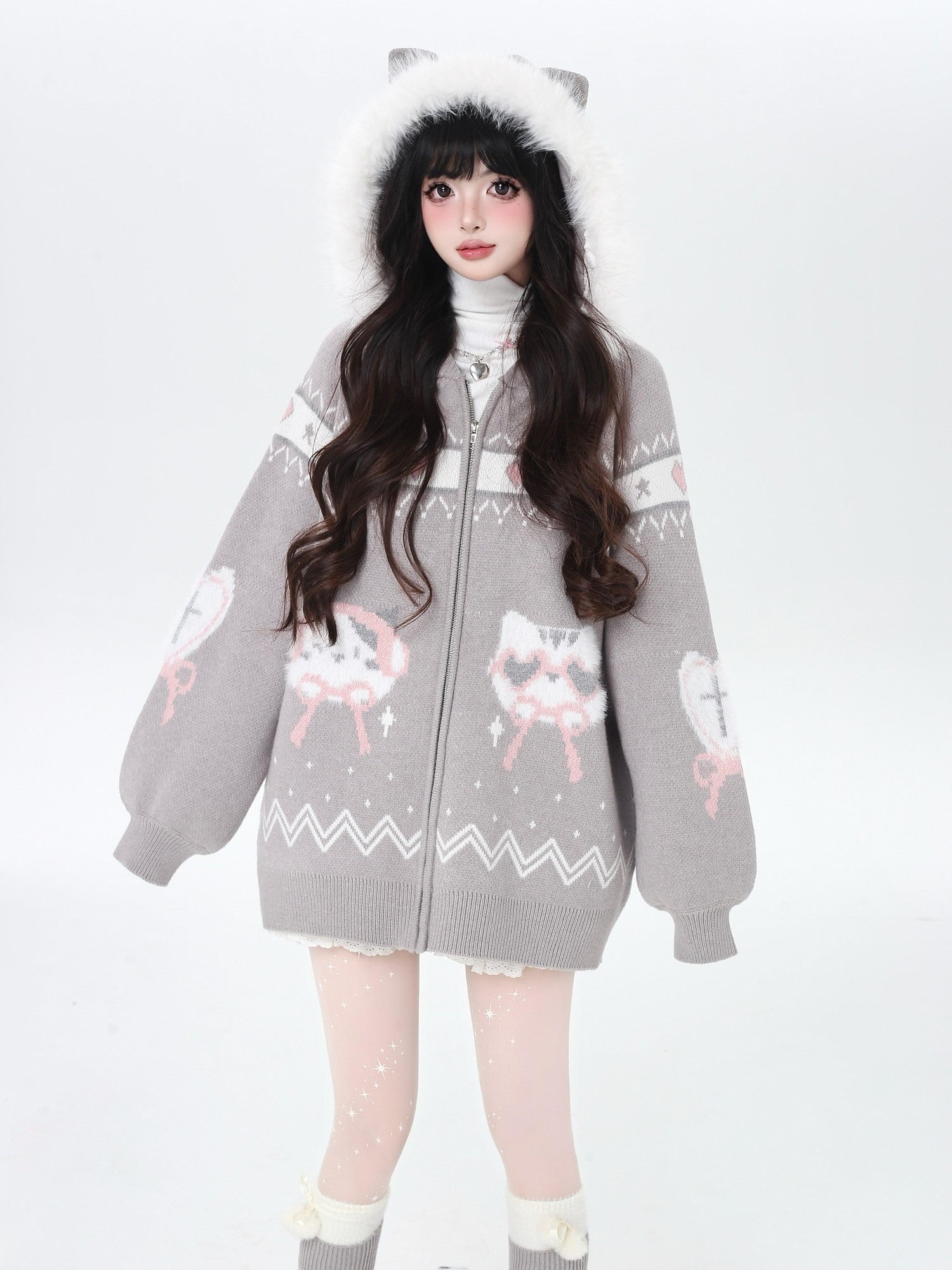 Crazy Girl Loose Long Sleeve Cat Ear Hooded Zipper Knit Women&