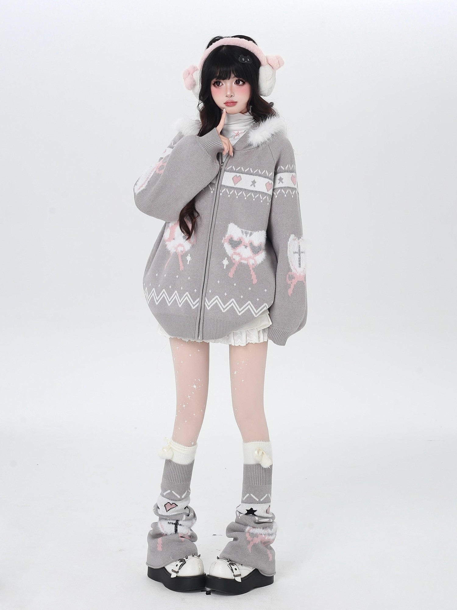 Crazy Girl Loose Long Sleeve Cat Ear Hooded Zipper Knit Women&