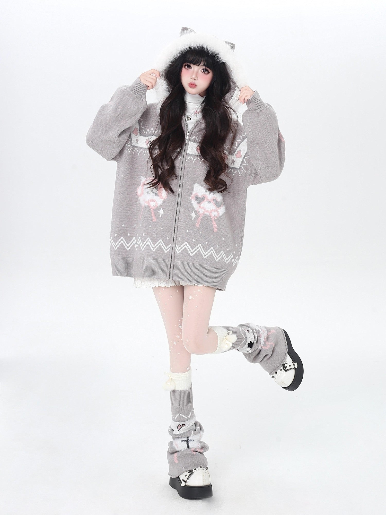 Crazy Girl Loose Long Sleeve Cat Ear Hooded Zipper Knit Women&
