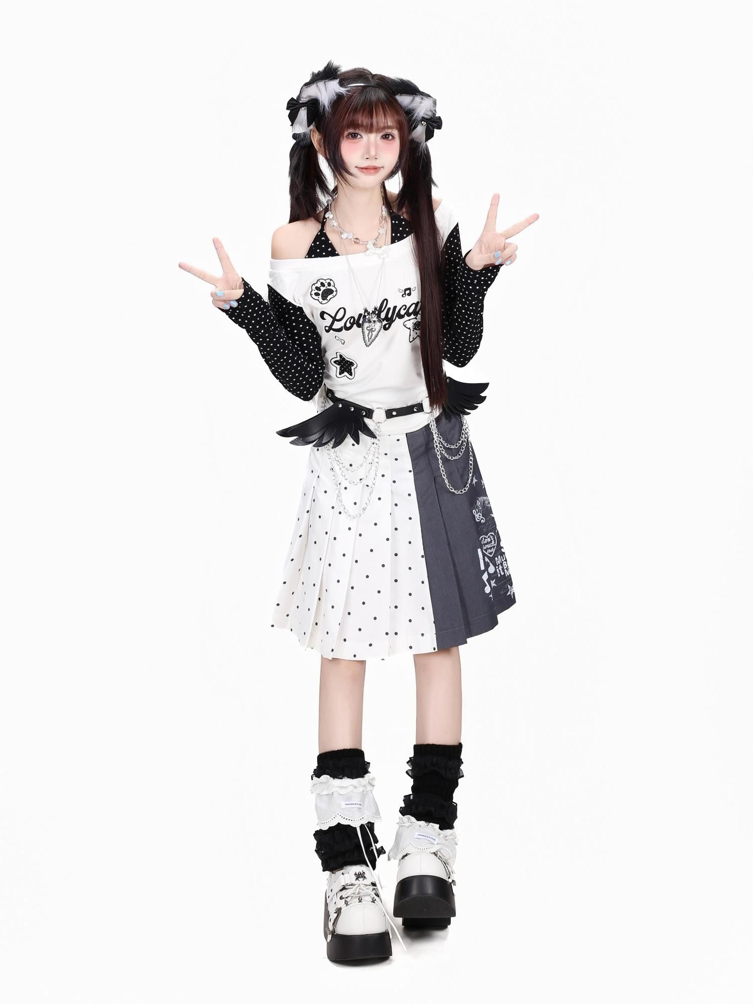 Crazy Girl Music Note Polka Dot High Waist Zipper School Women&
