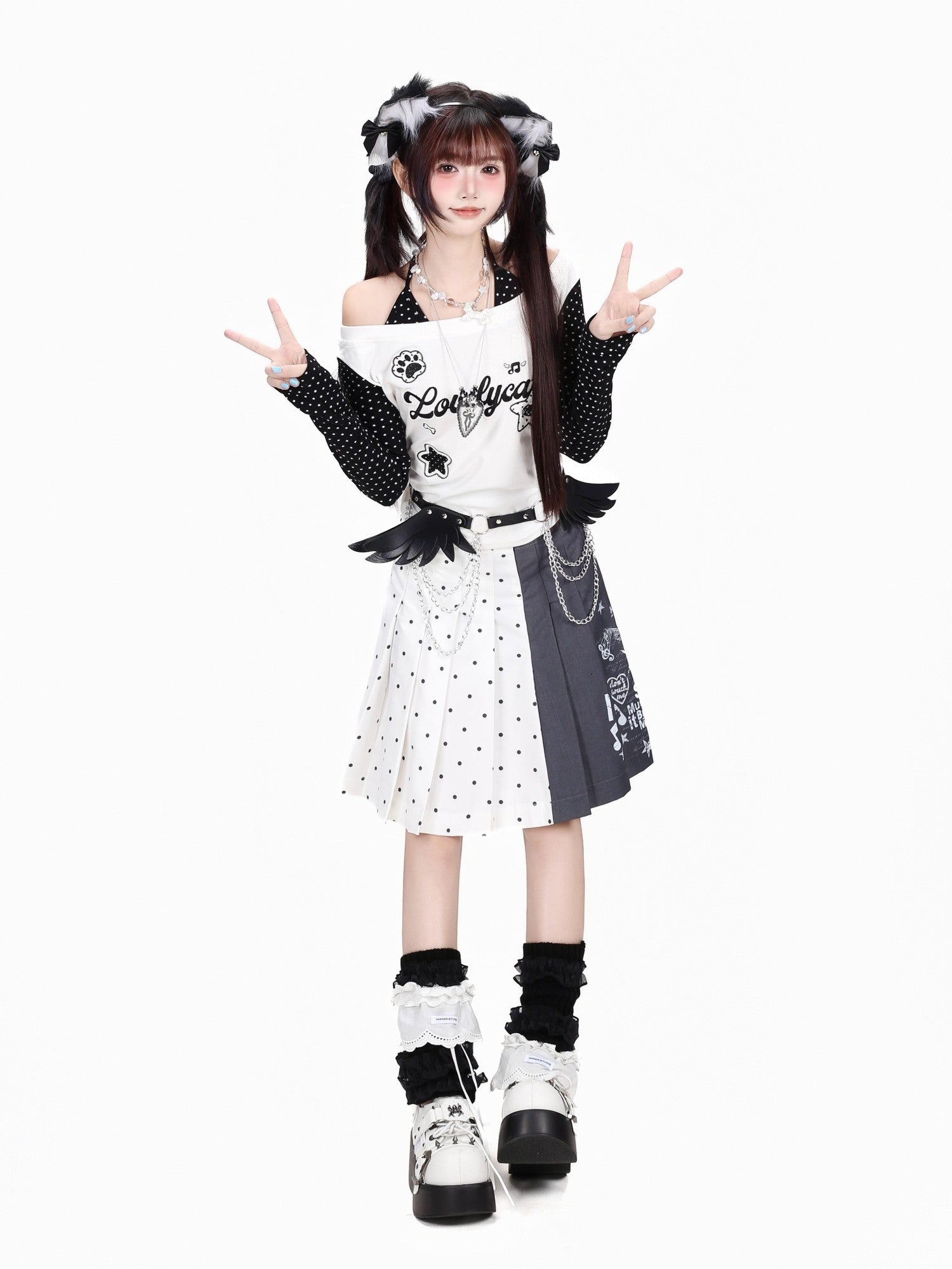 Crazy Girl Music Note Polka Dot High Waist Zipper School Women&