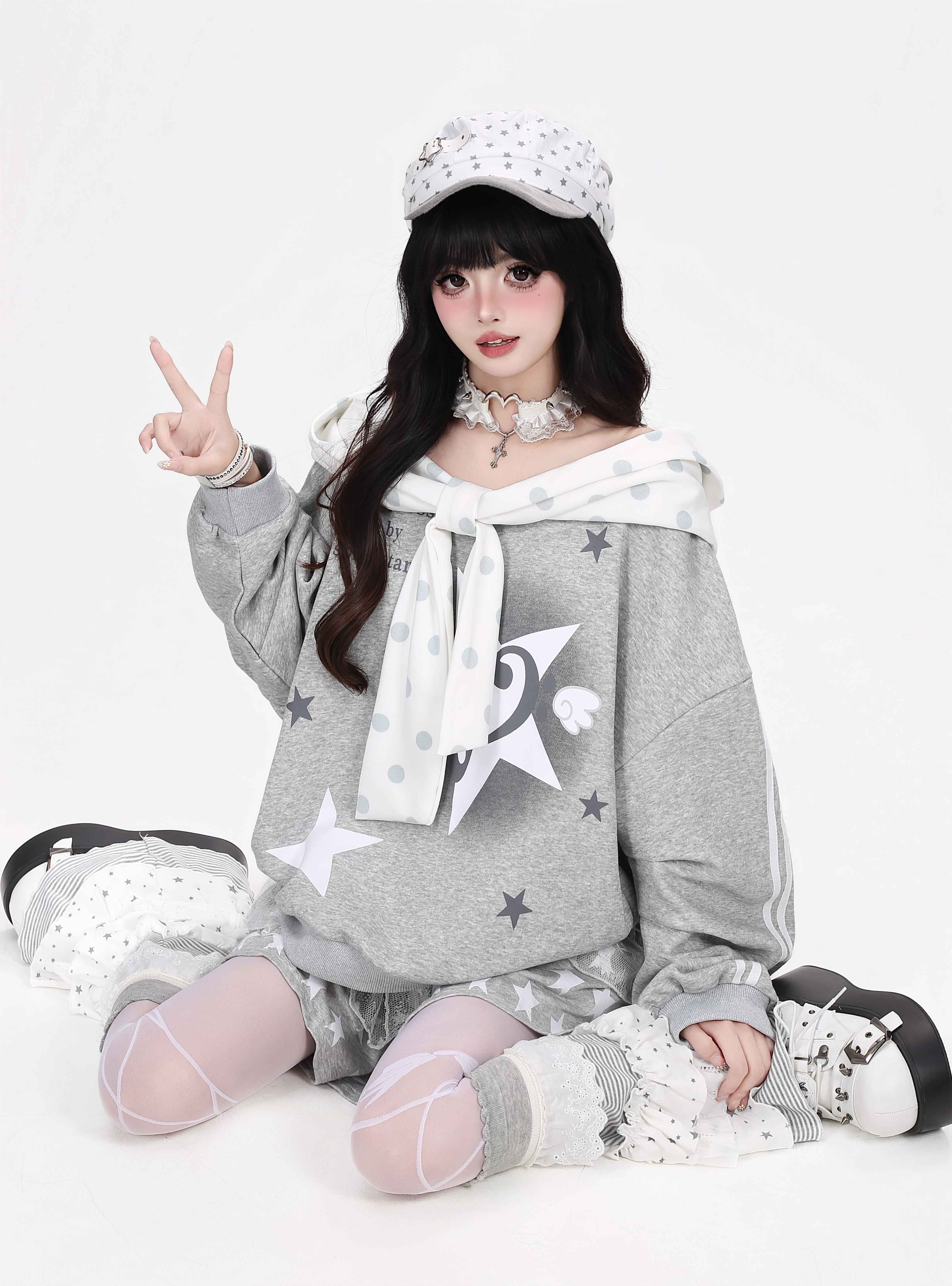 Crazy_Girl_Muted_Polka_Dot_Bowknot_Hooded_Oversized_Midlength_Women&