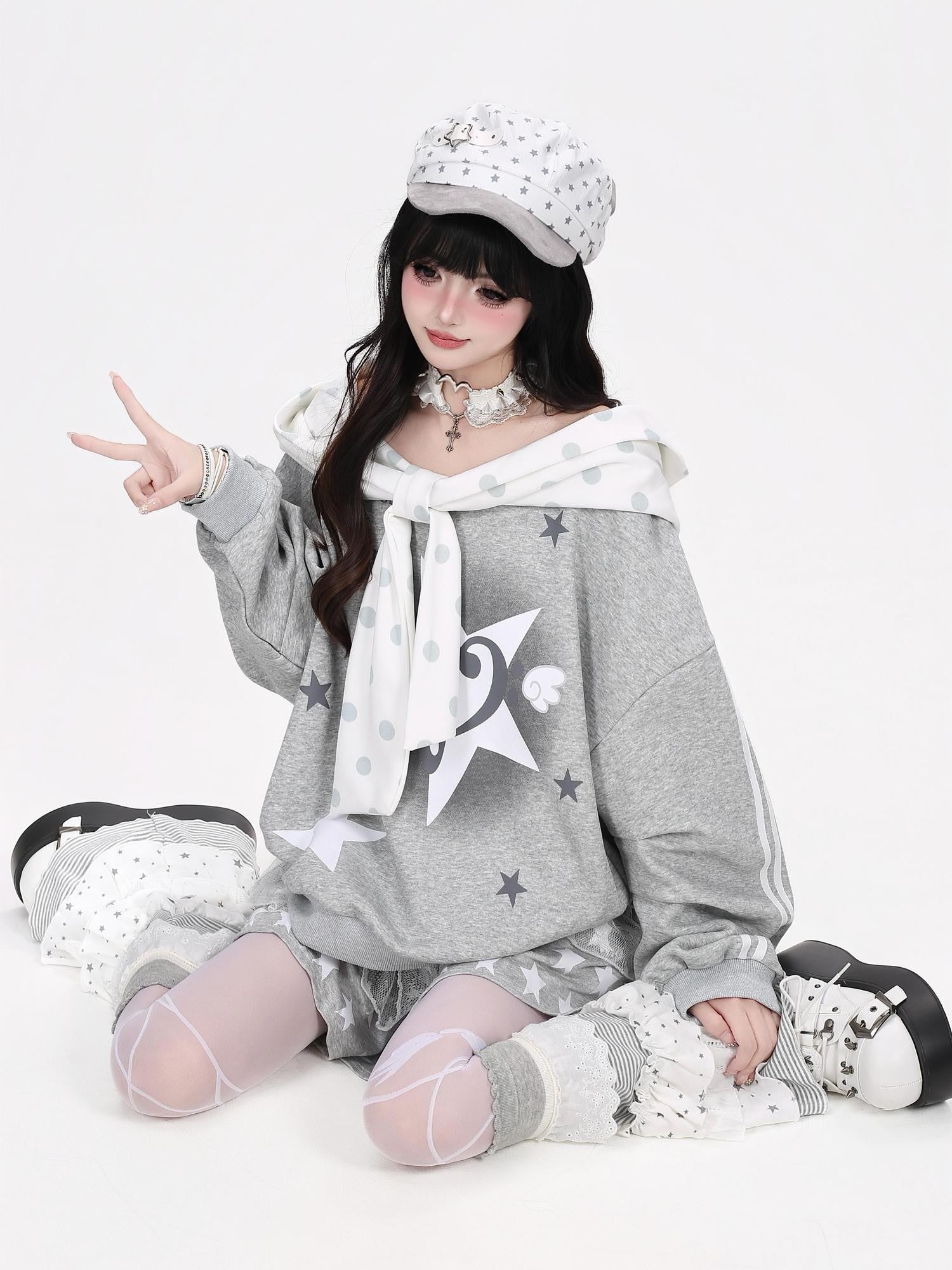 Crazy Girl Muted Polka Dot Bowknot Hooded Oversized Midlength Women&