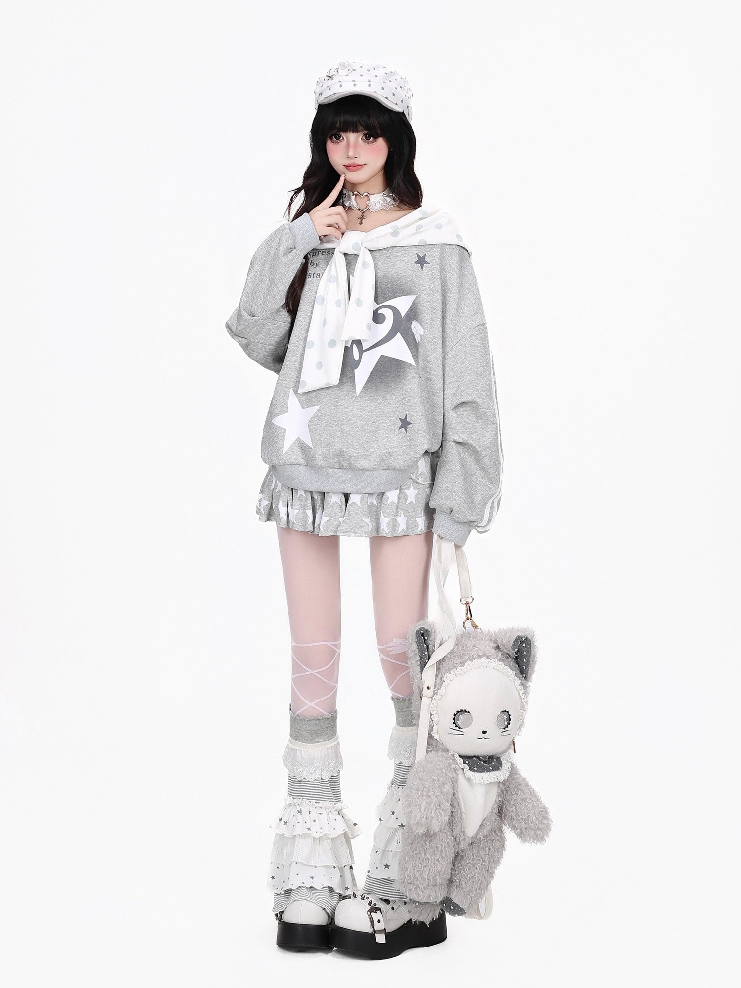 Crazy Girl Muted Polka Dot Bowknot Hooded Oversized Midlength Women&