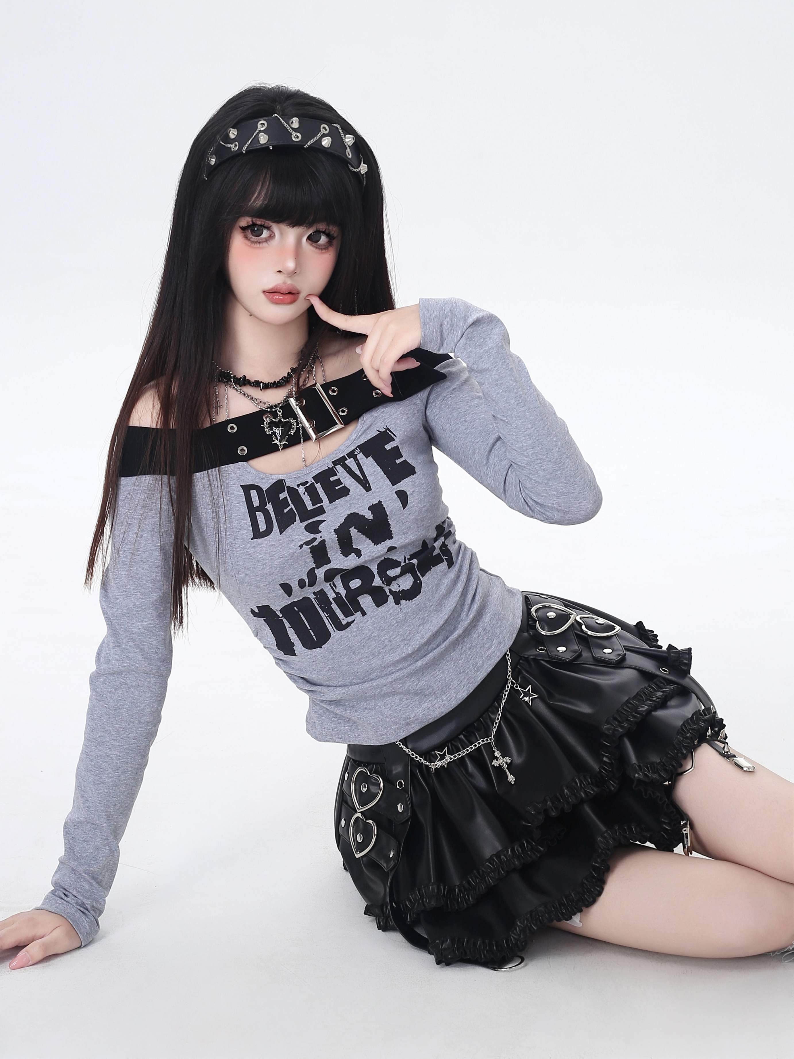 Crazy_Girl_One_Shoulder_Lettered_Patchwork_Cropped_Slim_Women&