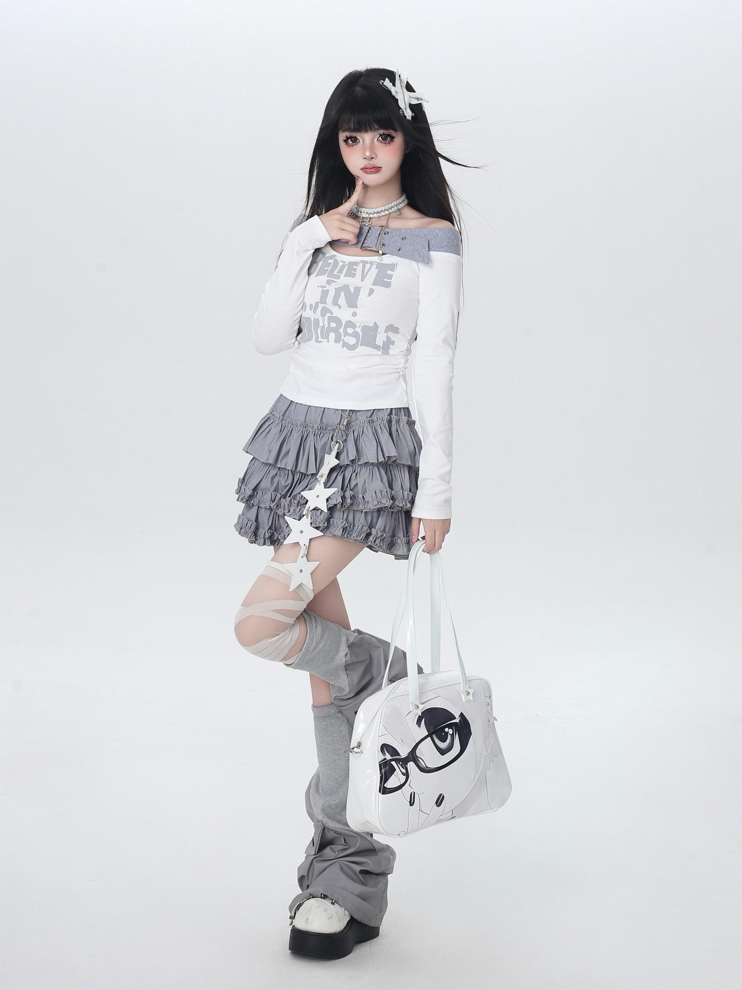 Crazy Girl One Shoulder Lettered Patchwork Cropped Slim Women&