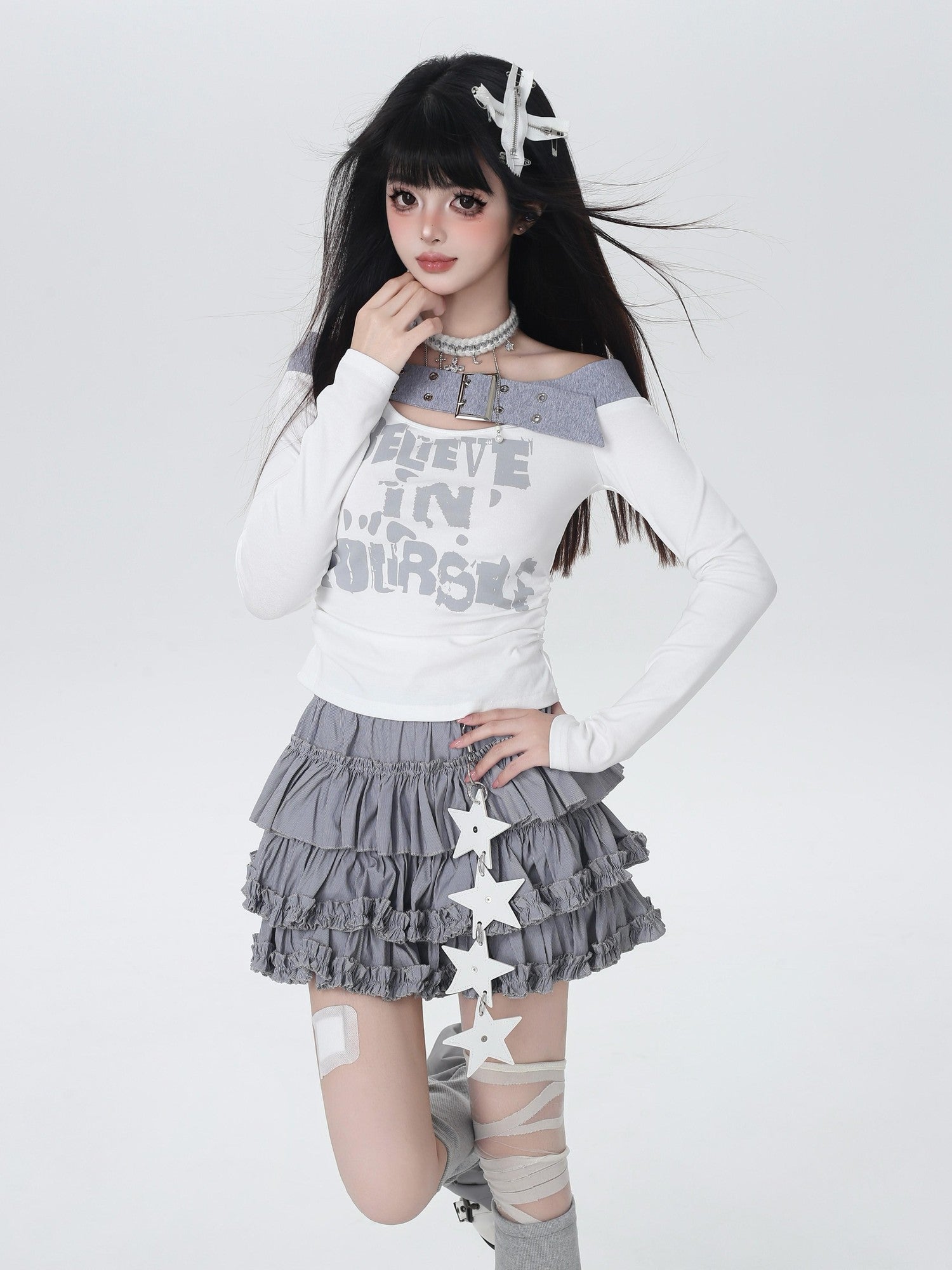 Crazy Girl One Shoulder Lettered Patchwork Cropped Slim Women&