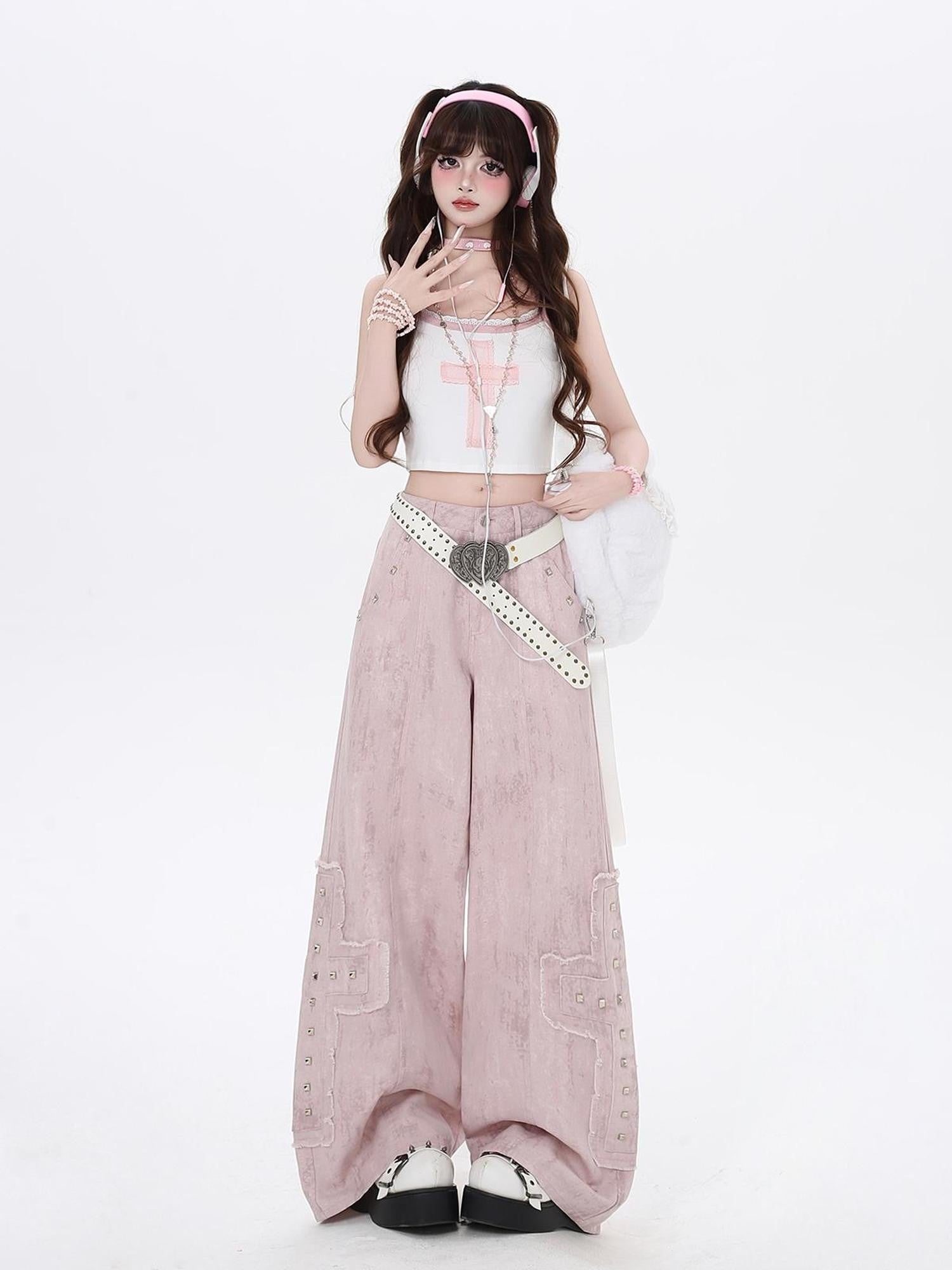 Crazy Girl Pink High Waist Cargo Straight Loose Women&