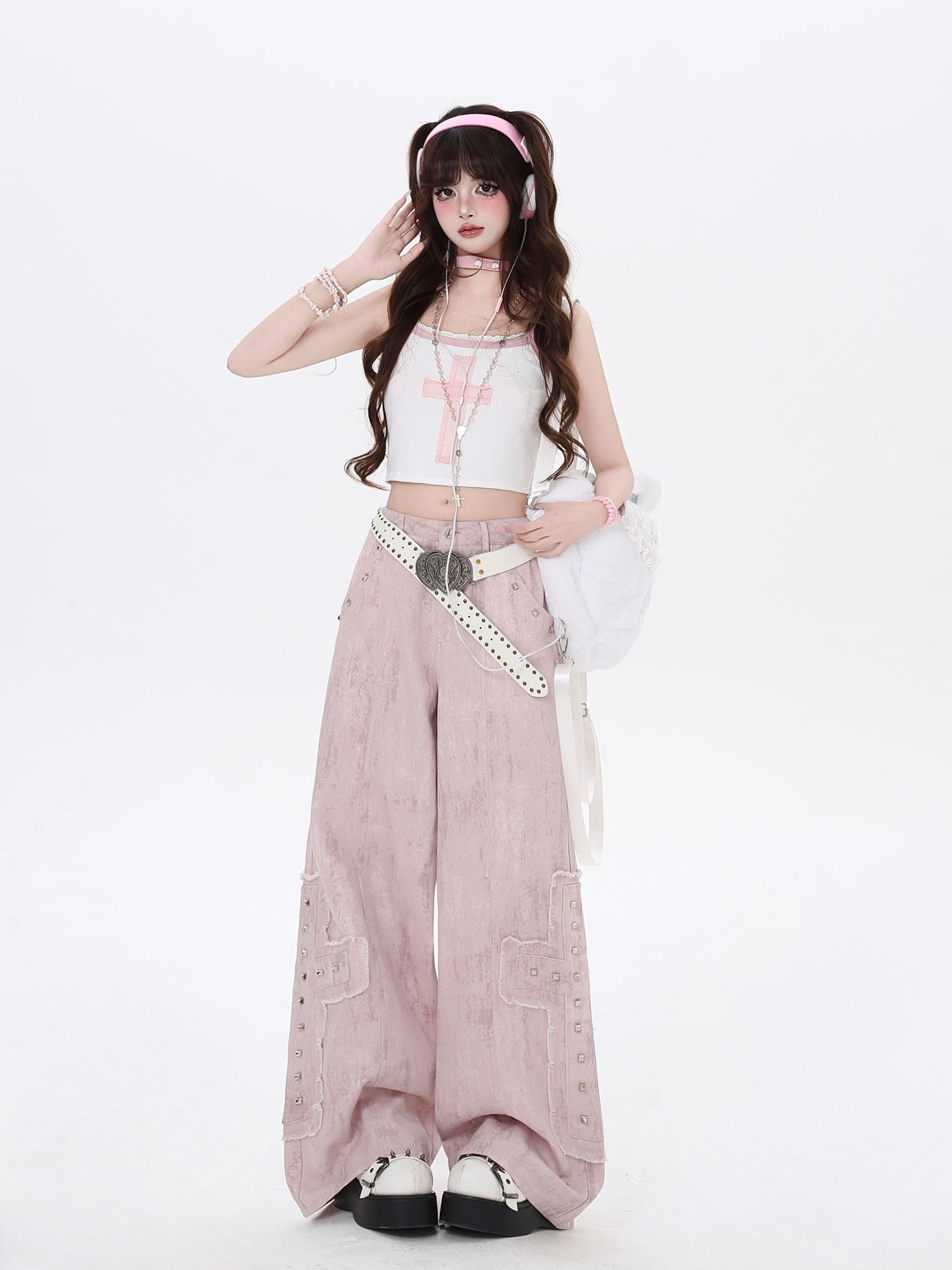 Crazy Girl Pink High Waist Cargo Straight Loose Women&
