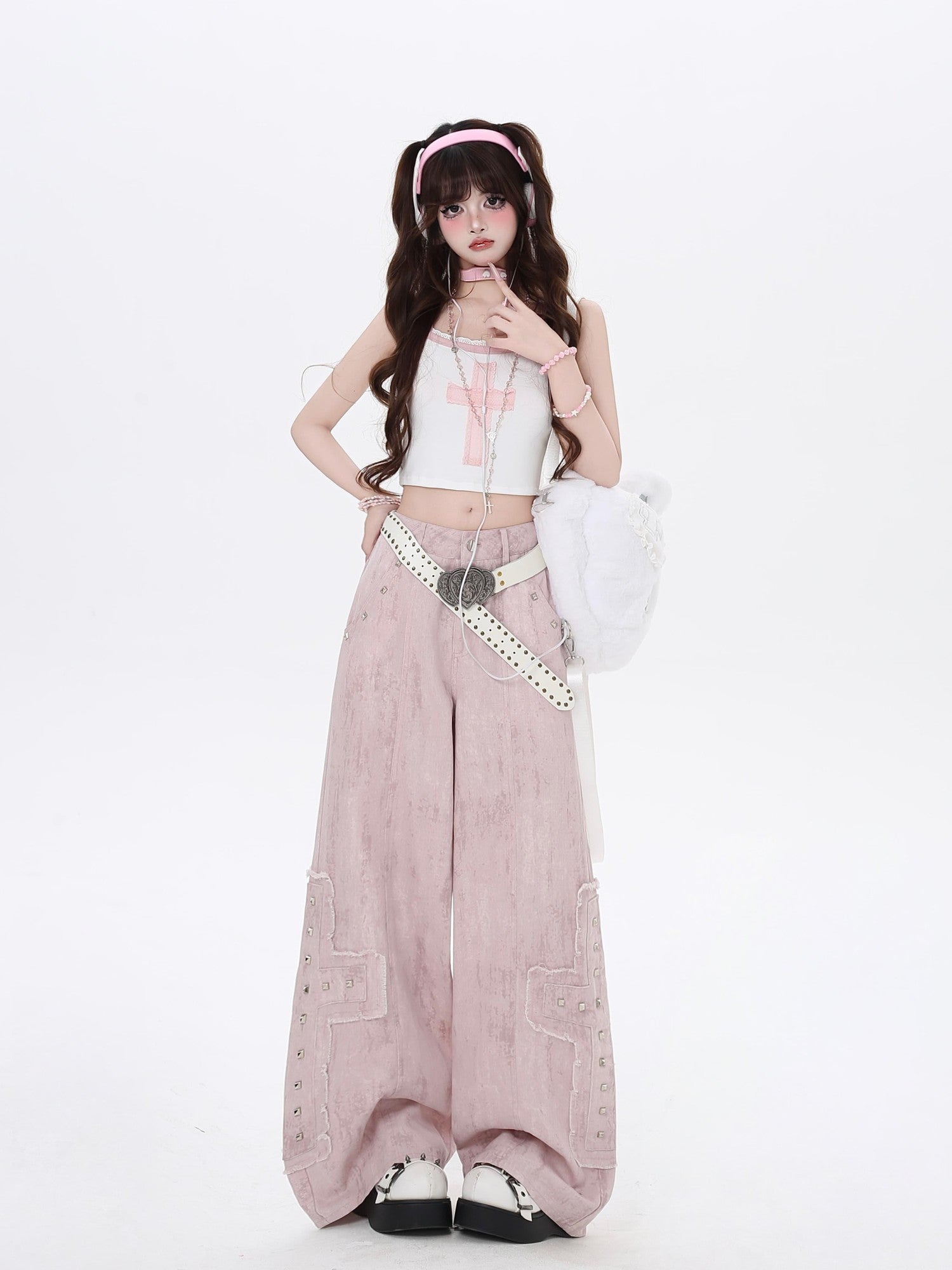 Crazy Girl Pink High Waist Cargo Straight Loose Women&