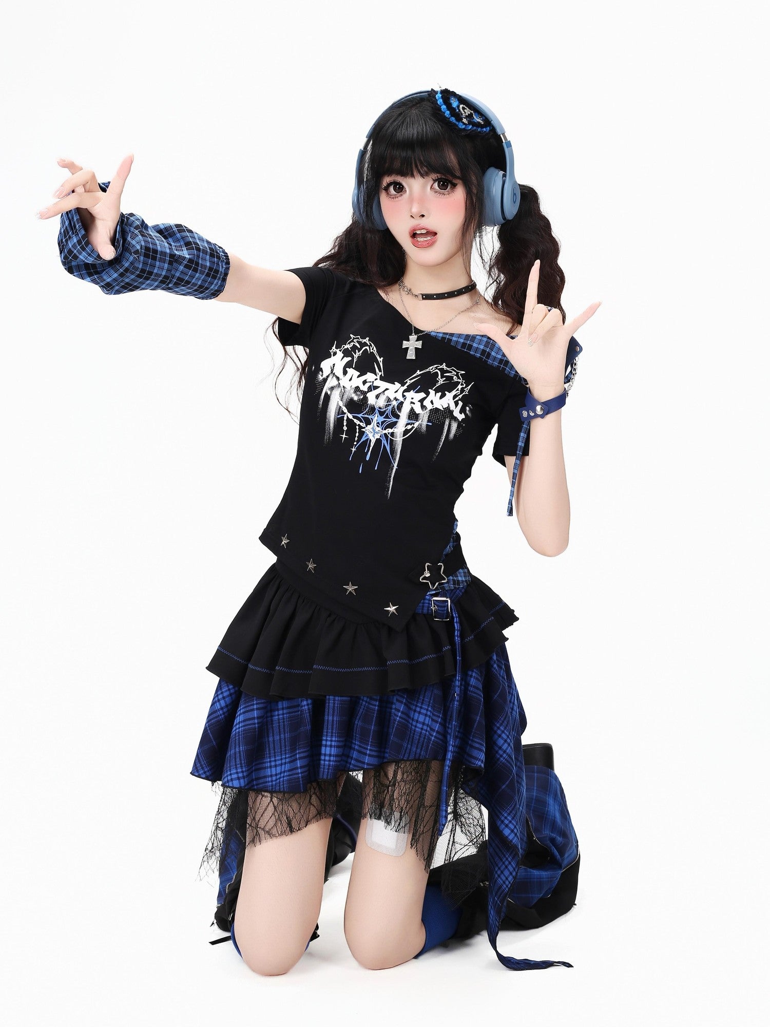 Crazy Girl Plaid Asymmetrical High Waist Zipper Tiered Women&