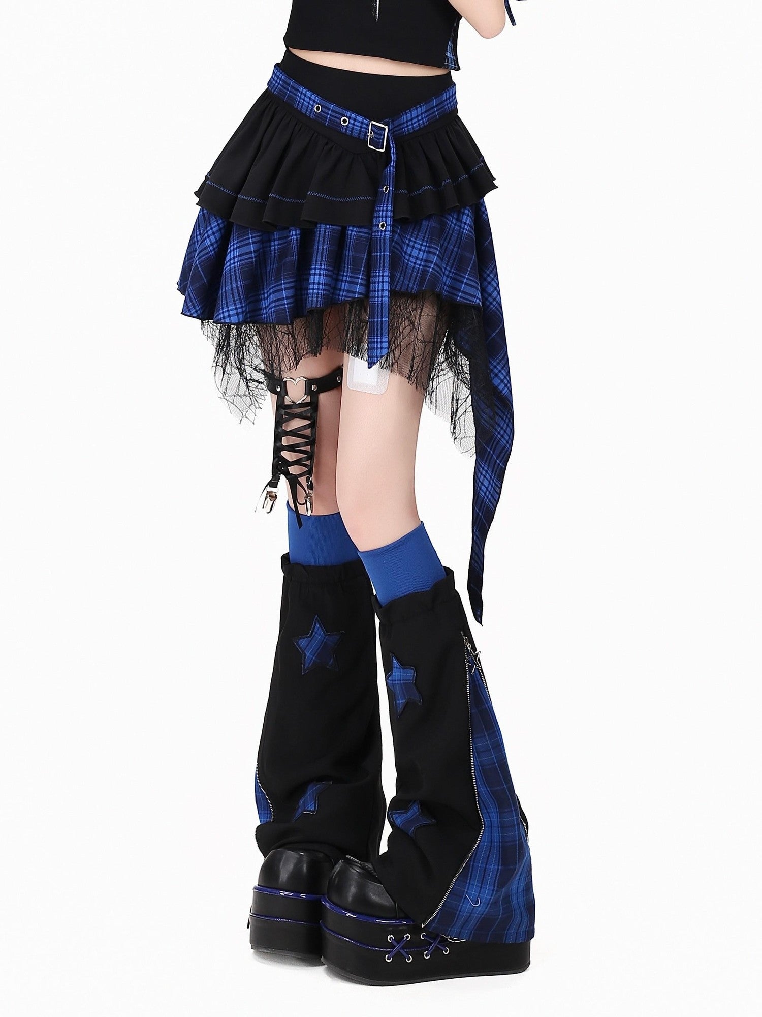 Crazy Girl Plaid Asymmetrical High Waist Zipper Tiered Women&