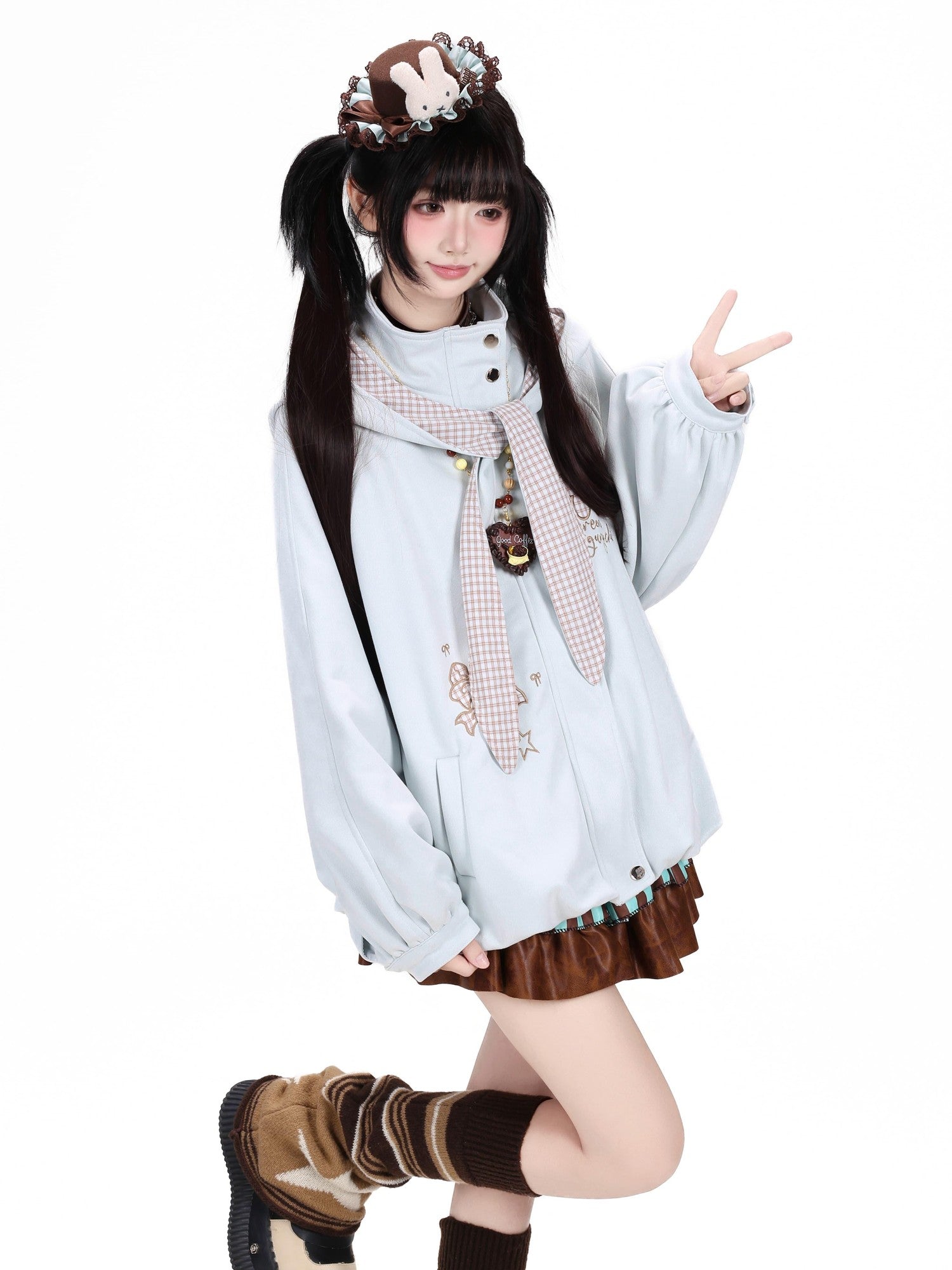 Crazy Girl Plaid Bow Embroidered Hooded Zippered Relaxed Women&