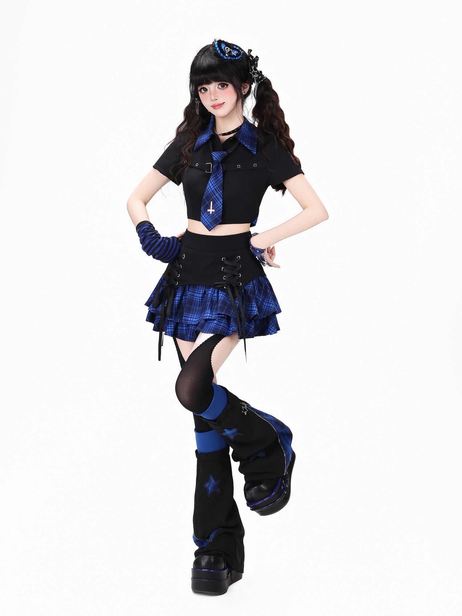 Crazy Girl Plaid Lace Up High Waist Tiered Zipper Women&