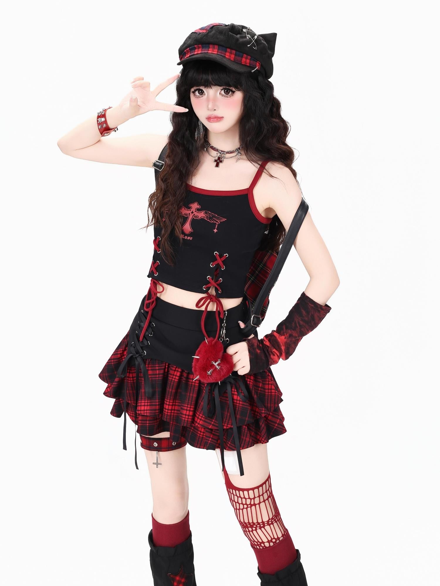 Crazy Girl Plaid Lace Up High Waist Tiered Zipper Women&