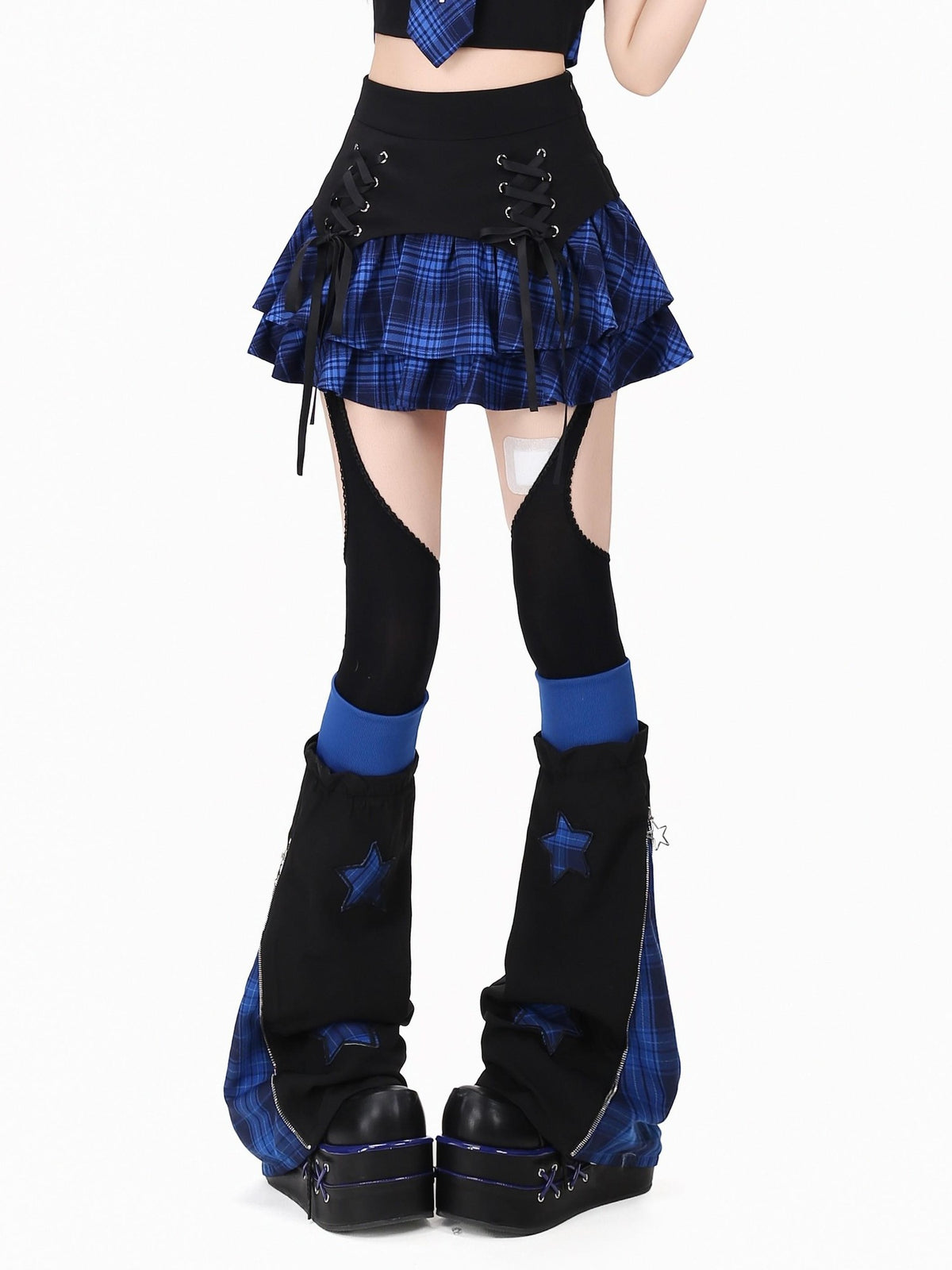 Crazy Girl Plaid Lace Up High Waist Tiered Zipper Women&