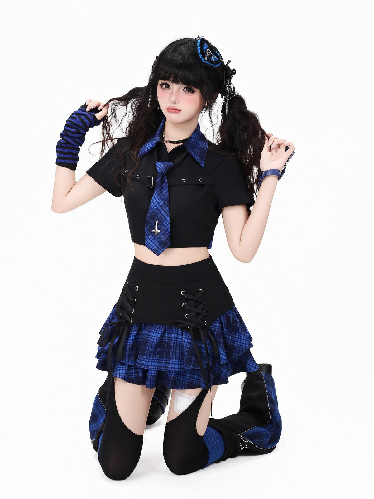 Crazy Girl Plaid Lace Up High Waist Tiered Zipper Women&