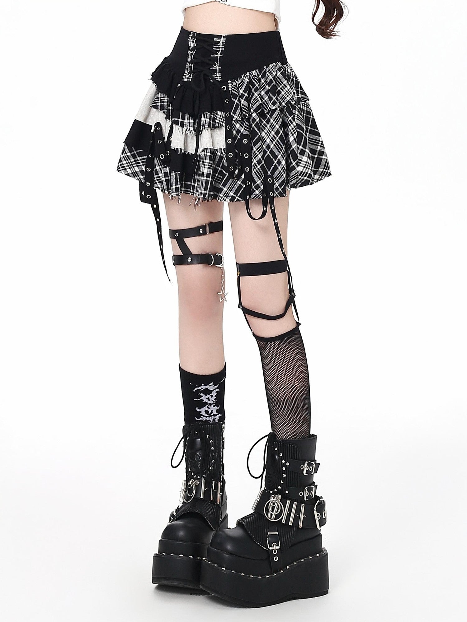 Crazy Girl Plaid Patchwork Lace Up Asymmetrical A Line High Waist Women&