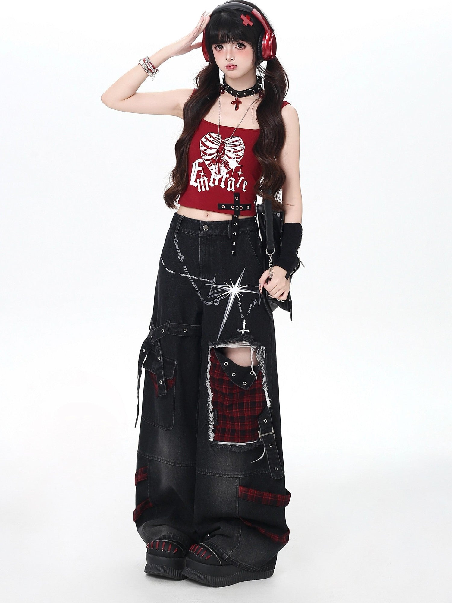 Crazy Girl Plaid Y2k Slimming Round Neck Pullover Short Crop Women&