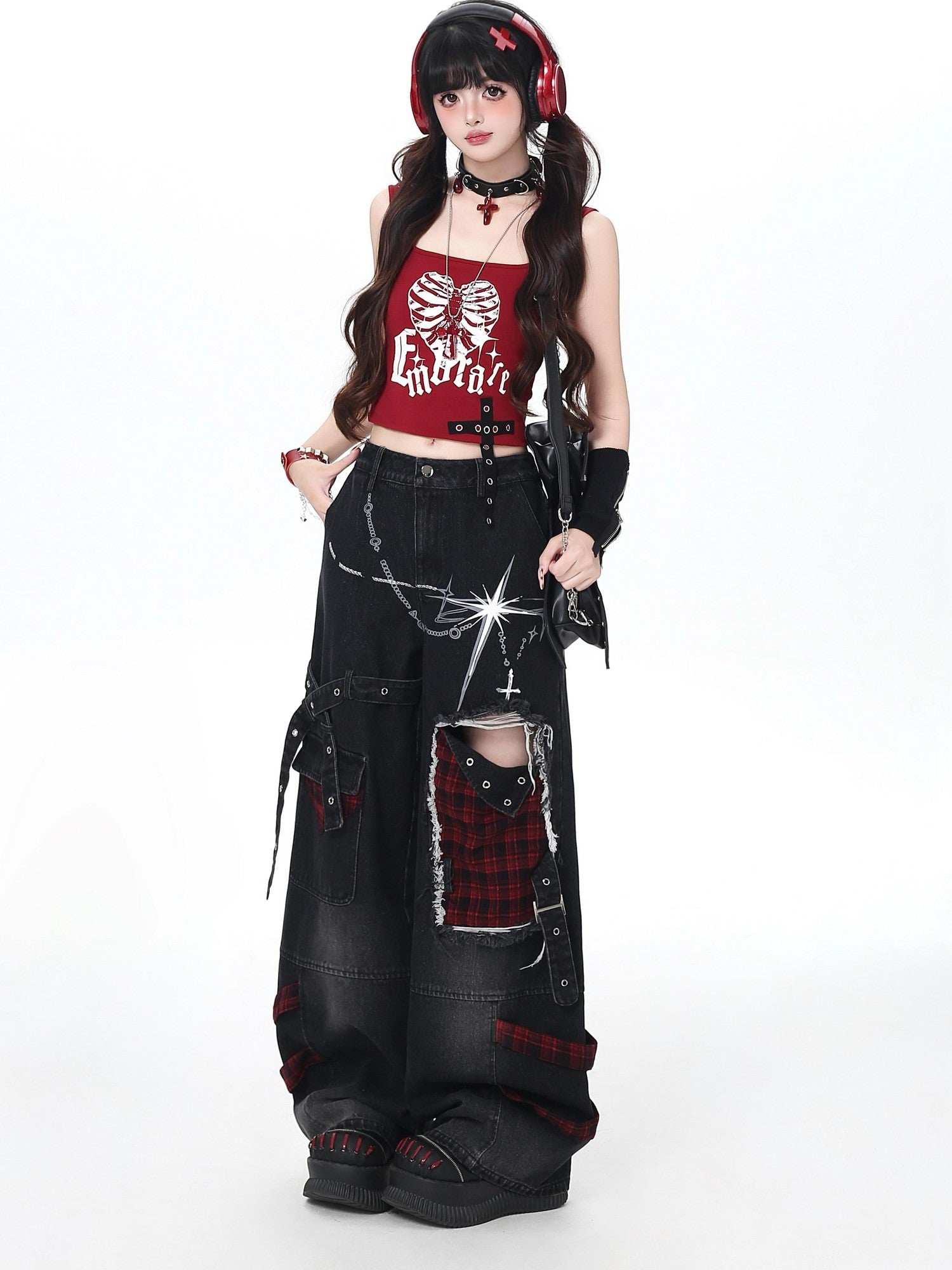 Crazy Girl Plaid Y2k Slimming Round Neck Pullover Short Crop Women&