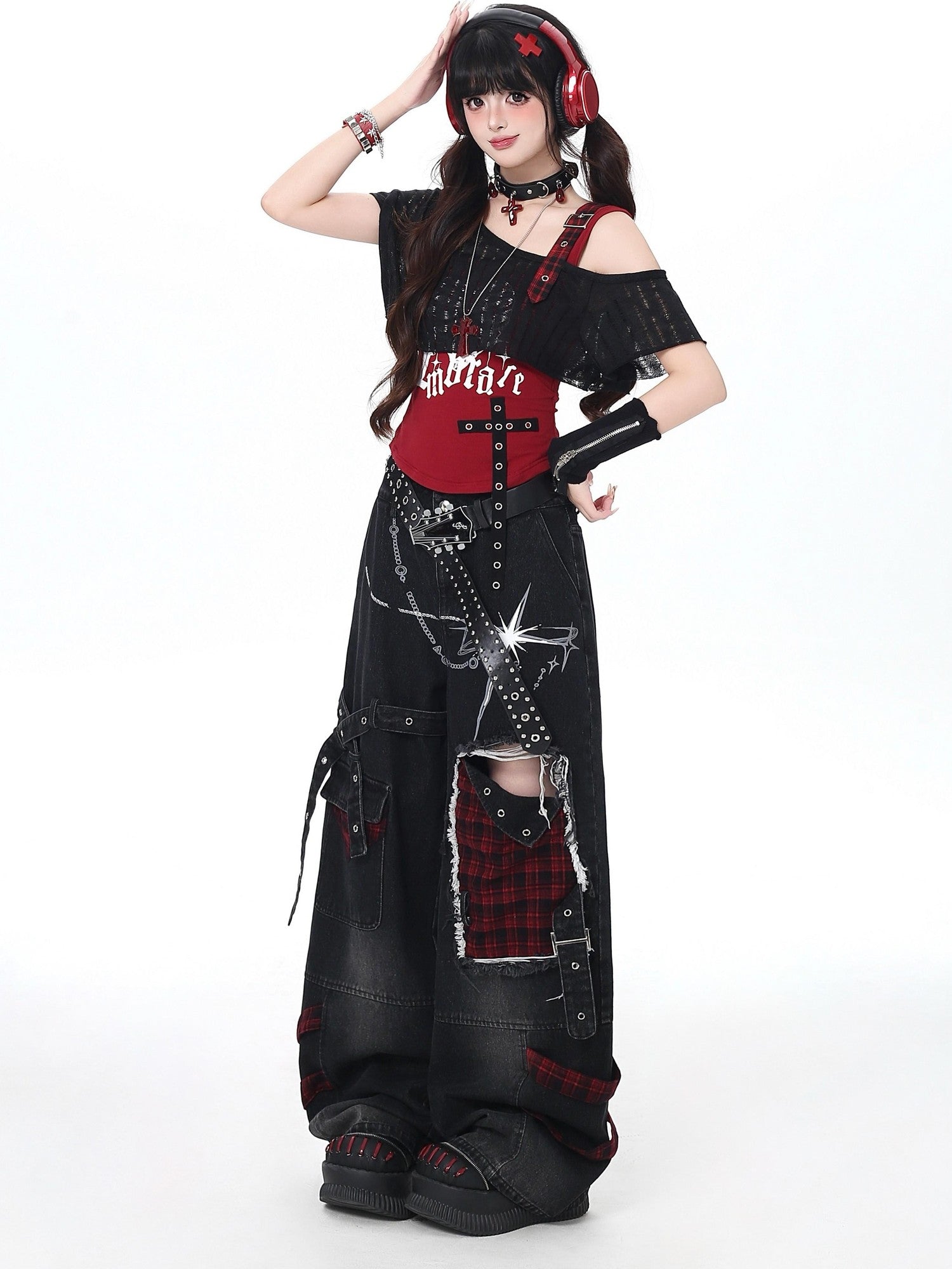 Crazy Girl Plaid Y2k Slimming Round Neck Pullover Short Crop Women&