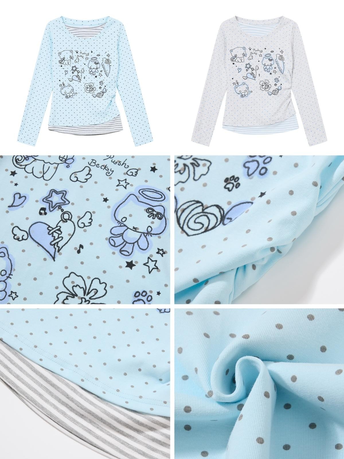 Crazy Girl Polka Dot Cat Print Faux Layered Waist Cinched Women&