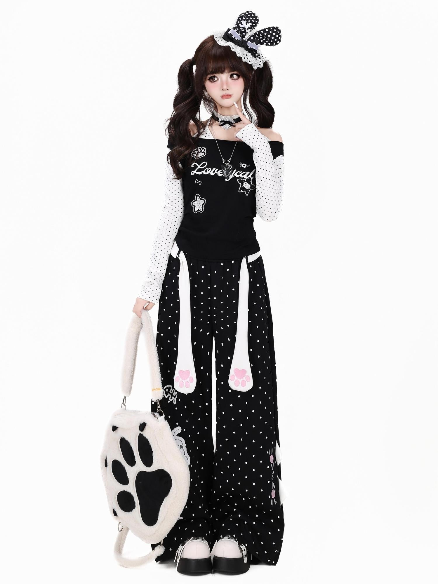 Crazy Girl Polka Dot Cat Print High Waist Relaxed Athletic Women&