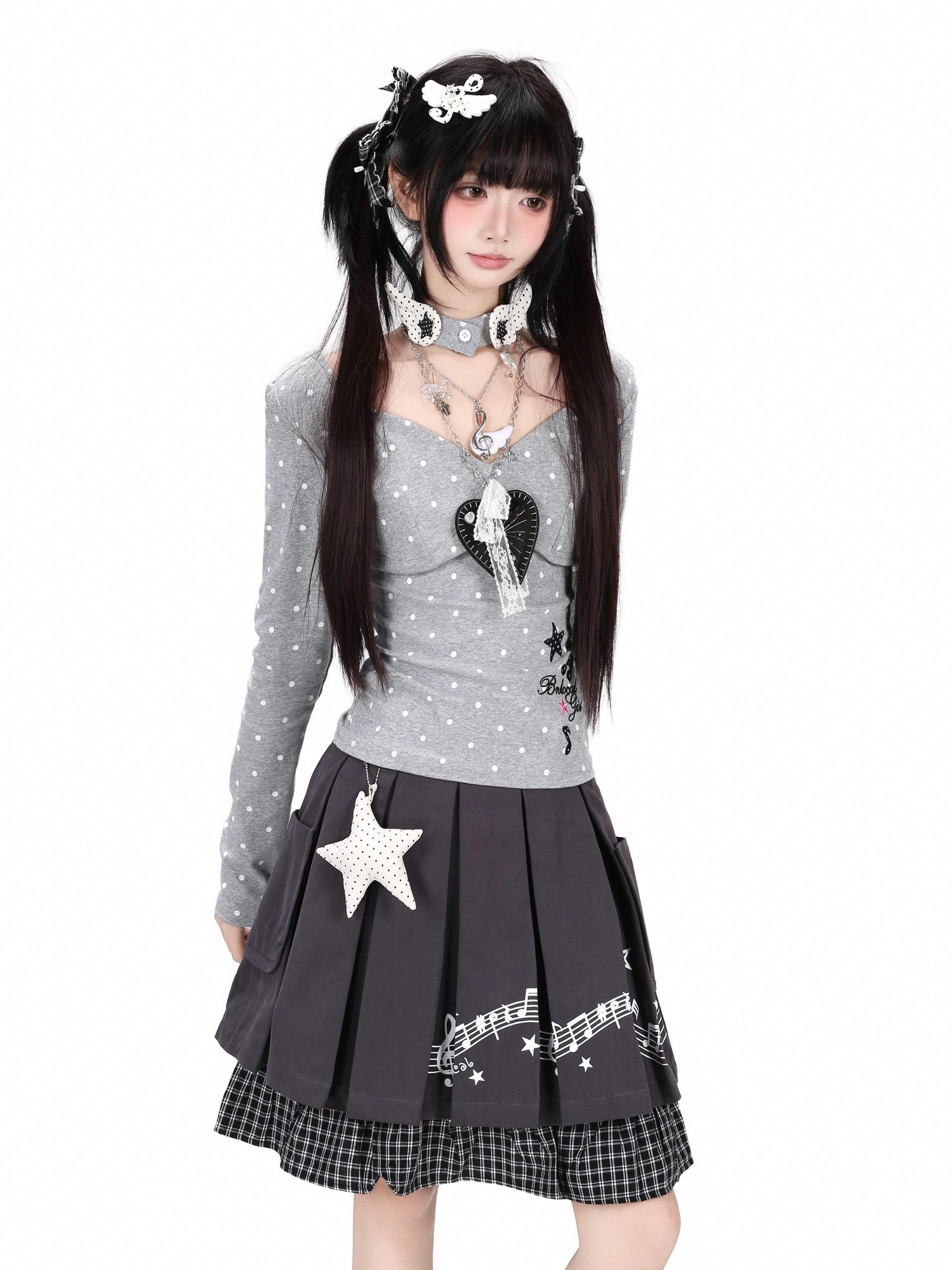 Crazy Girl Polka Dot Embroidered V-neck Slim Fit Women&