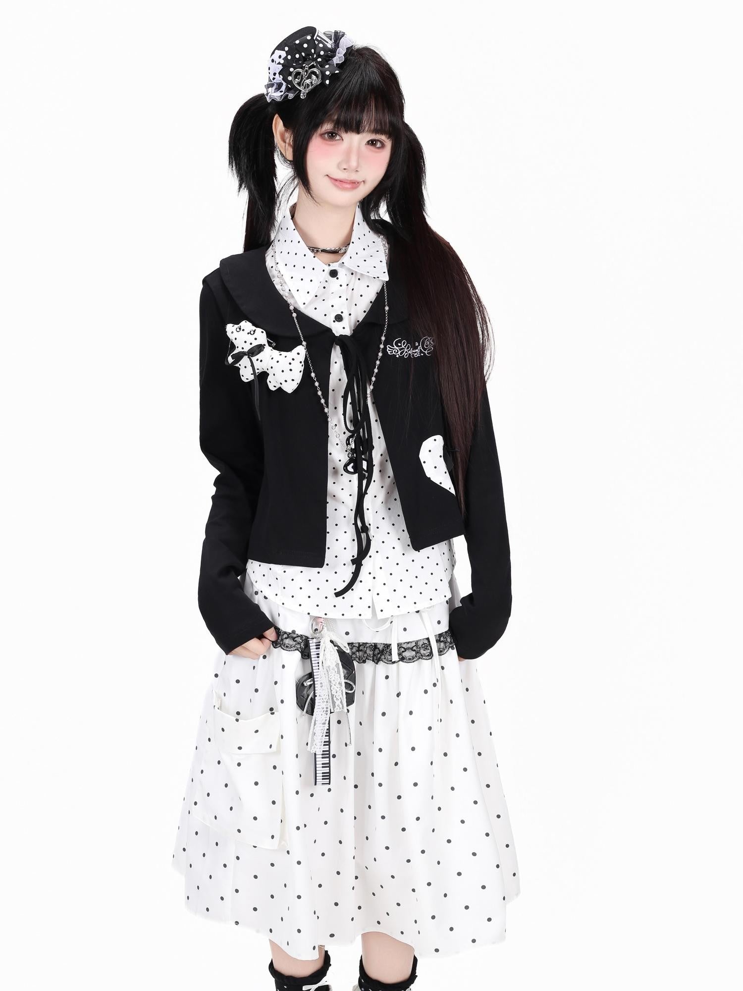 Crazy Girl Polka Dot Heart Faux Two Piece Collared Slim Women&