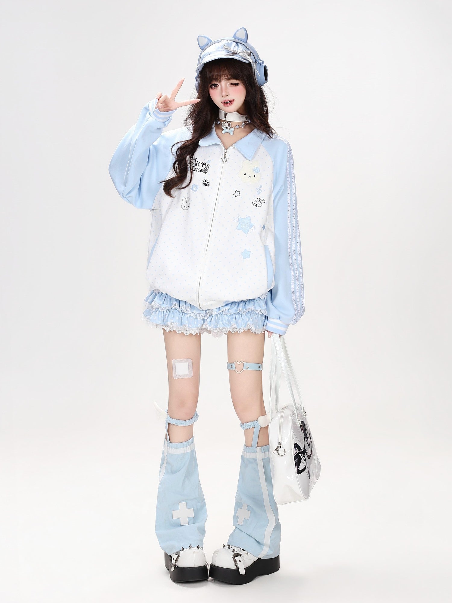 Crazy Girl Polka Dot Rabbit Embroidered Striped Raglan Hooded Women&