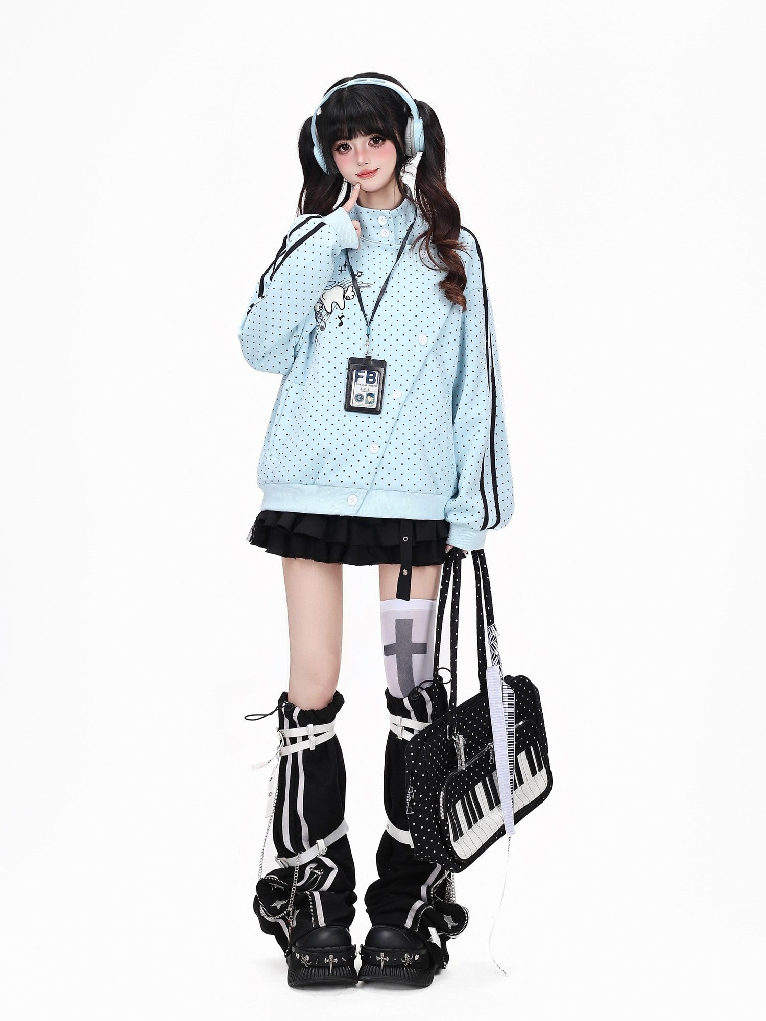 Crazy Girl Polka Dot Striped Embroidered Stand Collar Diagonal Button Women&