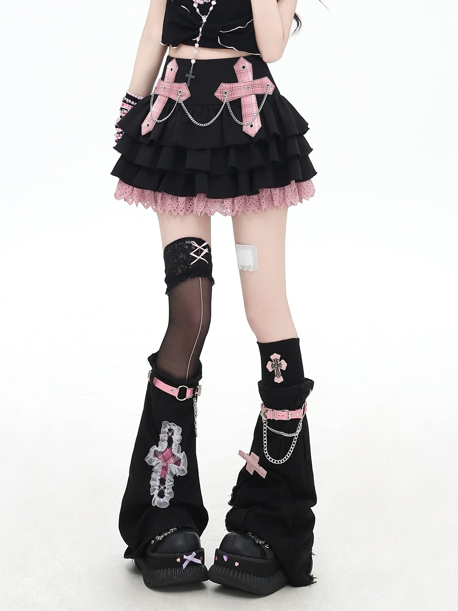 Crazy Girl Puff Ruffled Chain Colorblock High Waist Women&