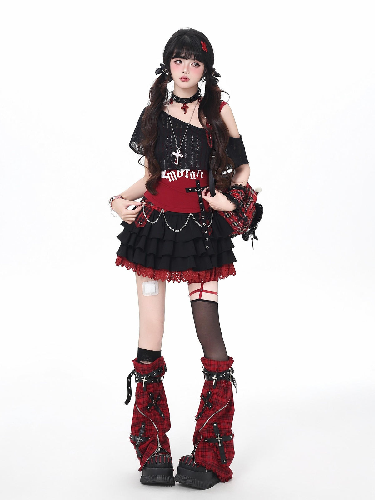 Crazy Girl Puff Ruffled Chain Colorblock High Waist Women&