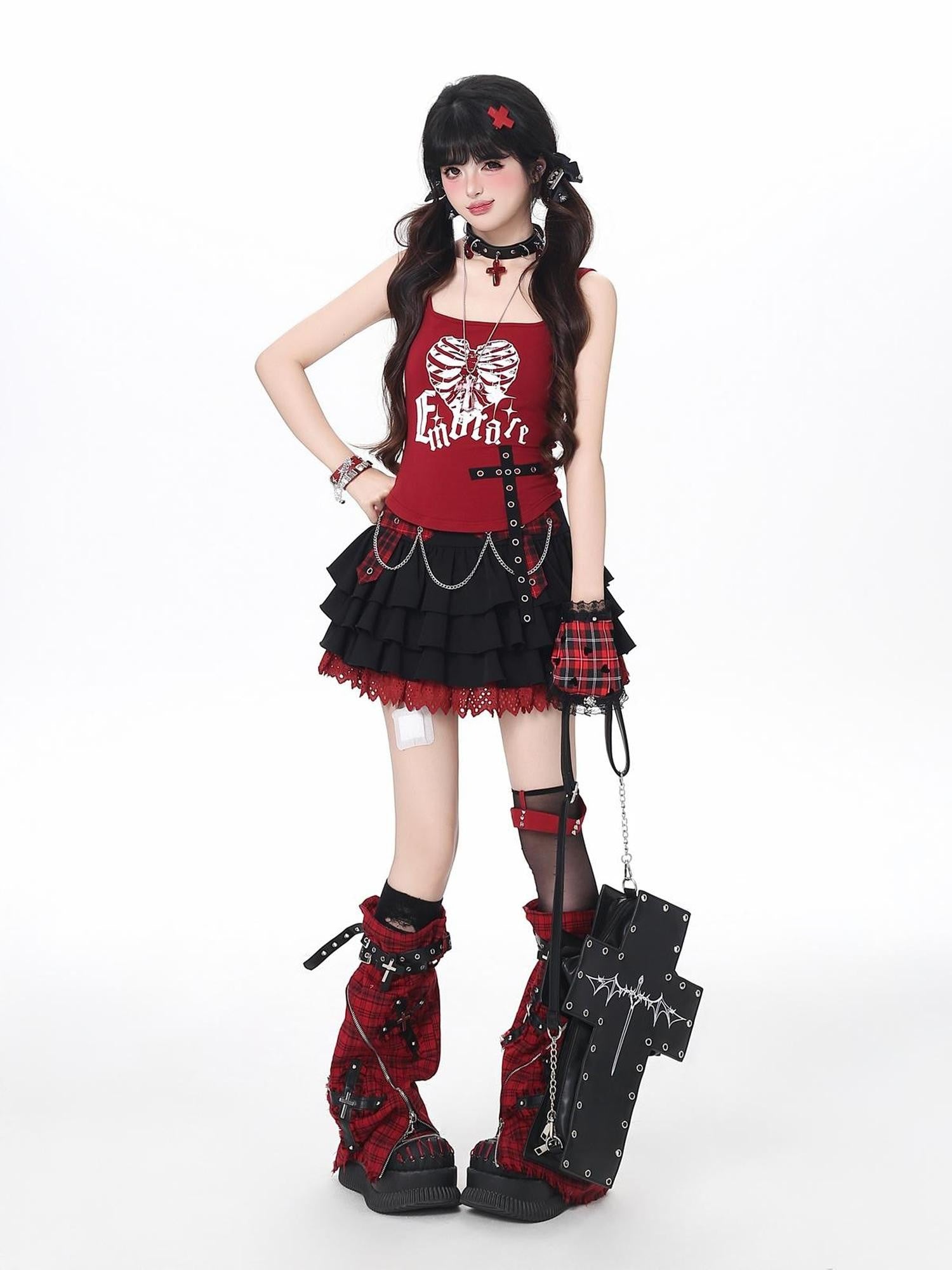 Crazy Girl Puff Ruffled Chain Colorblock High Waist Women&