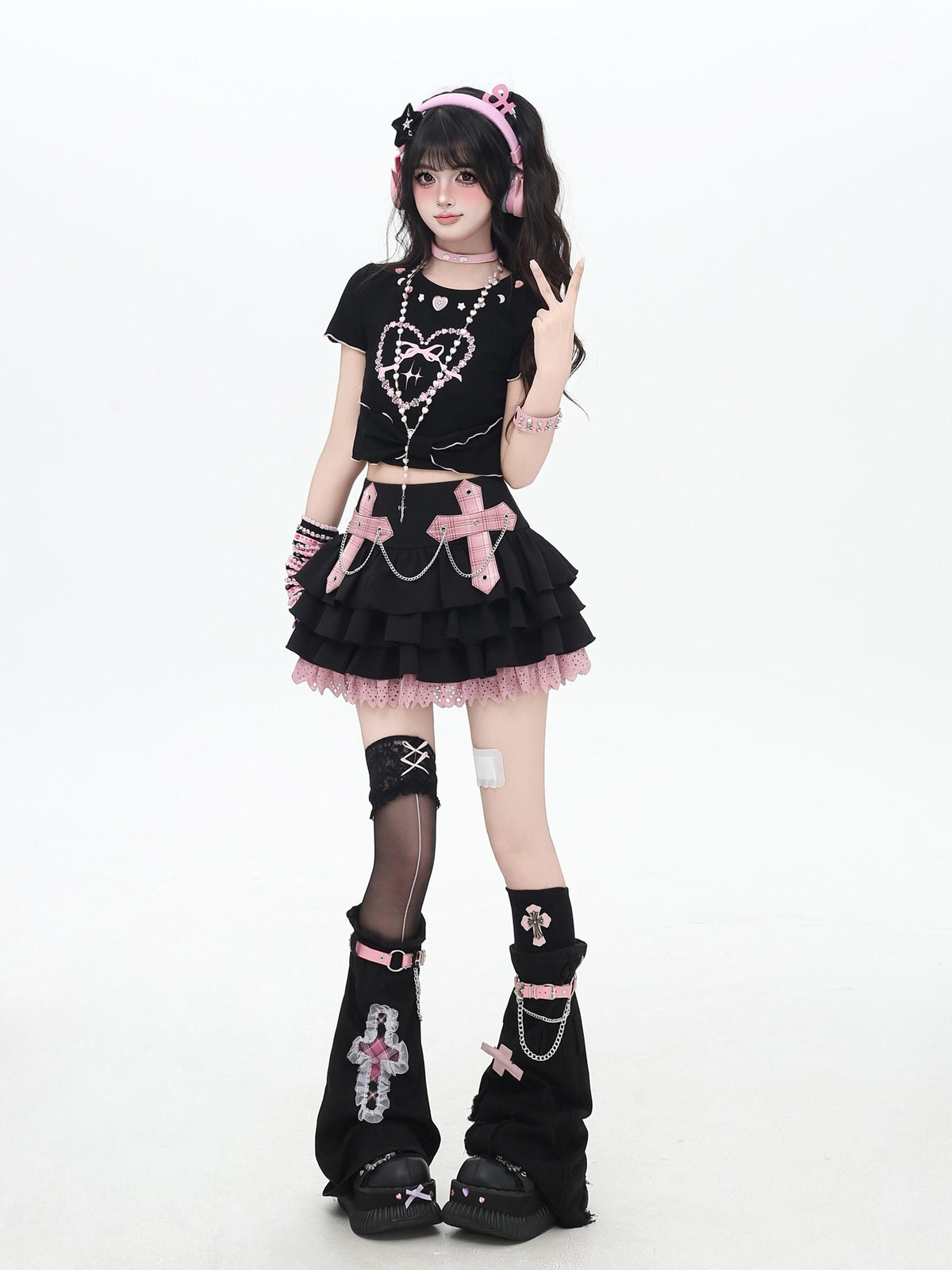 Crazy Girl Puff Ruffled Chain Colorblock High Waist Women&
