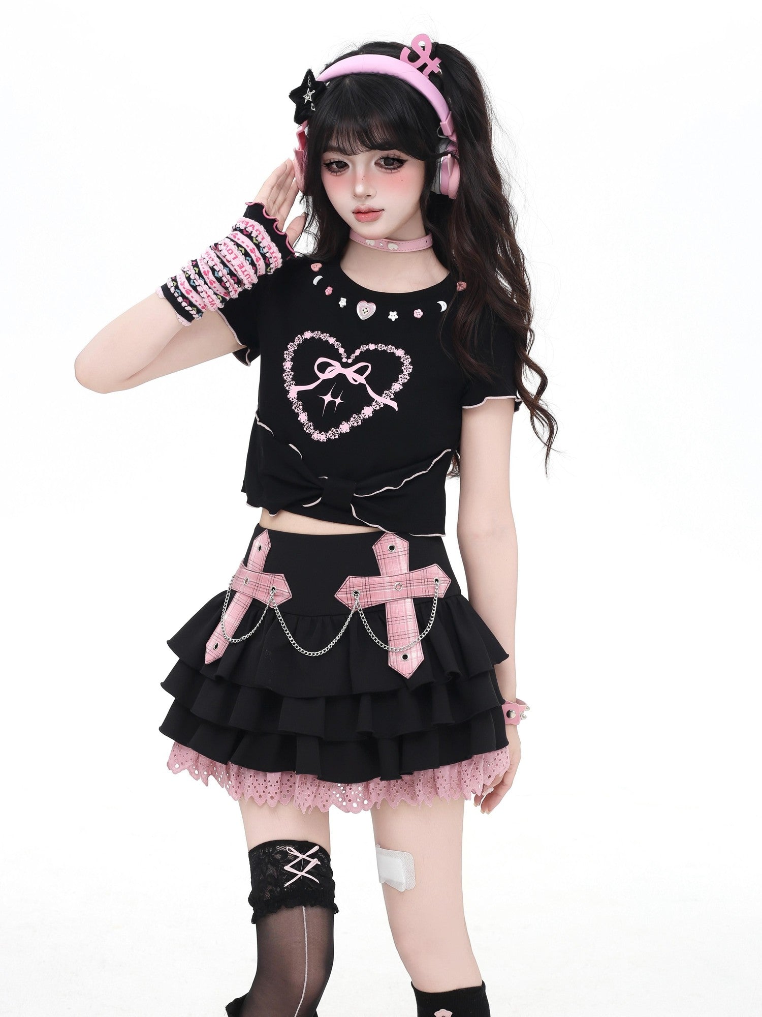 Crazy Girl Puff Ruffled Chain Colorblock High Waist Women&