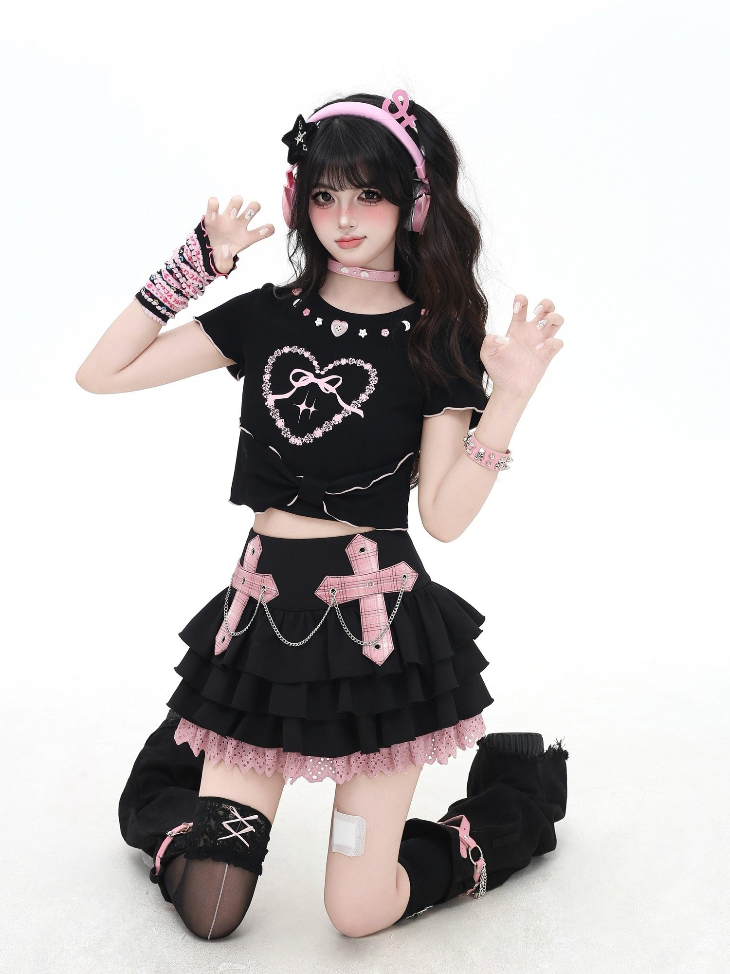Crazy Girl Puff Ruffled Chain Colorblock High Waist Women&