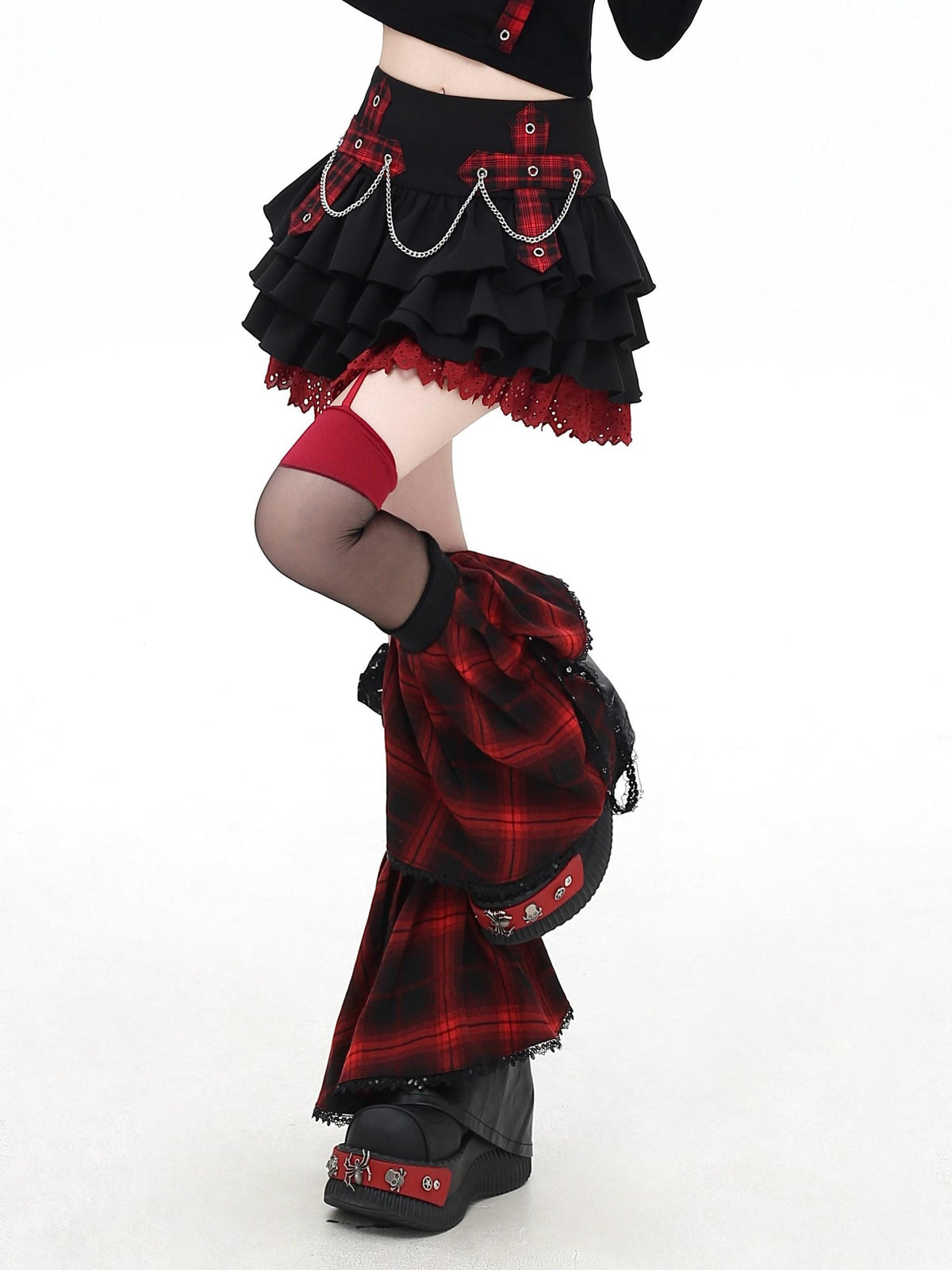 Crazy Girl Puff Ruffled Chain Colorblock High Waist Women&