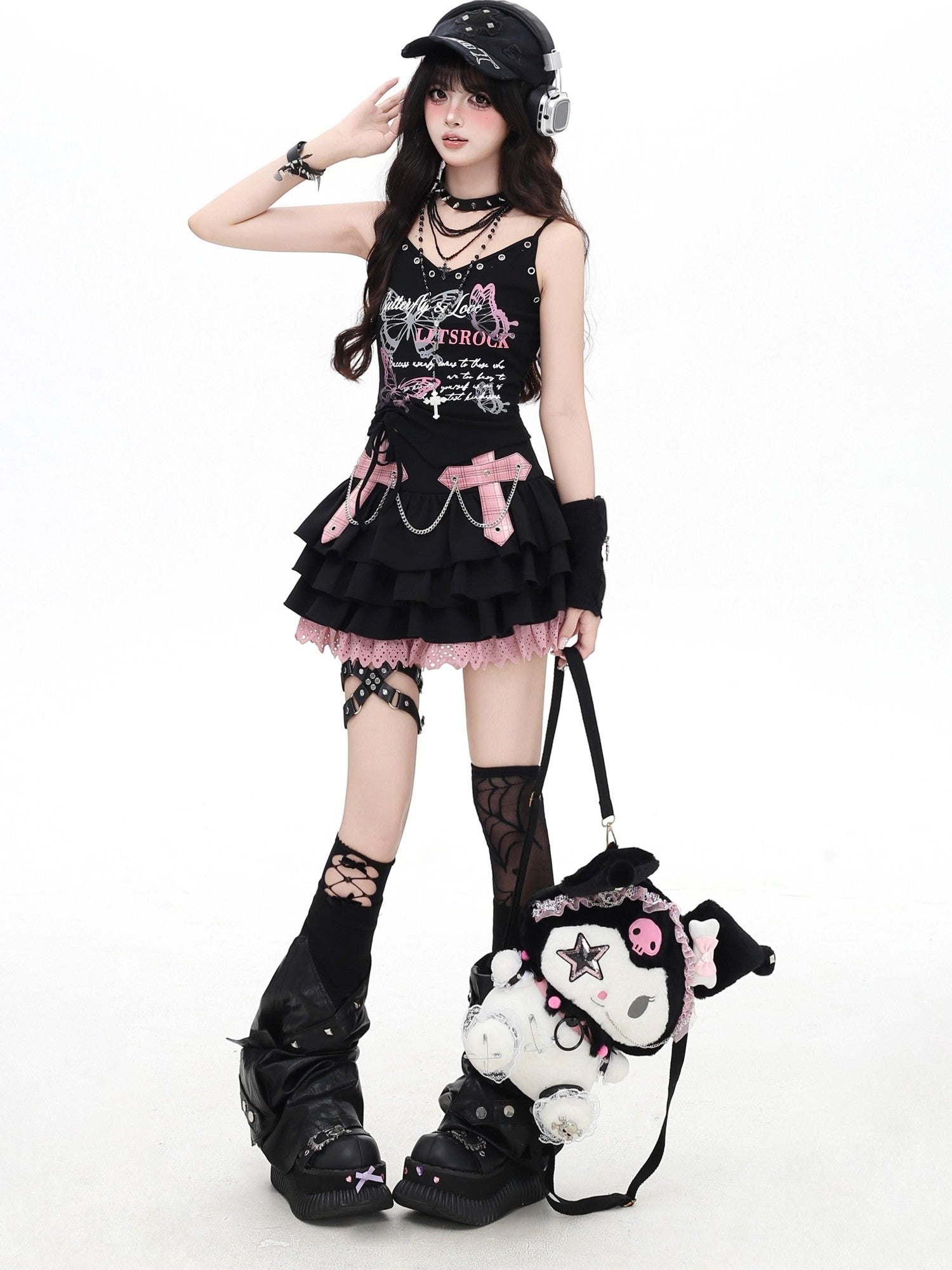 Crazy Girl Puff Ruffled Chain Colorblock High Waist Women&