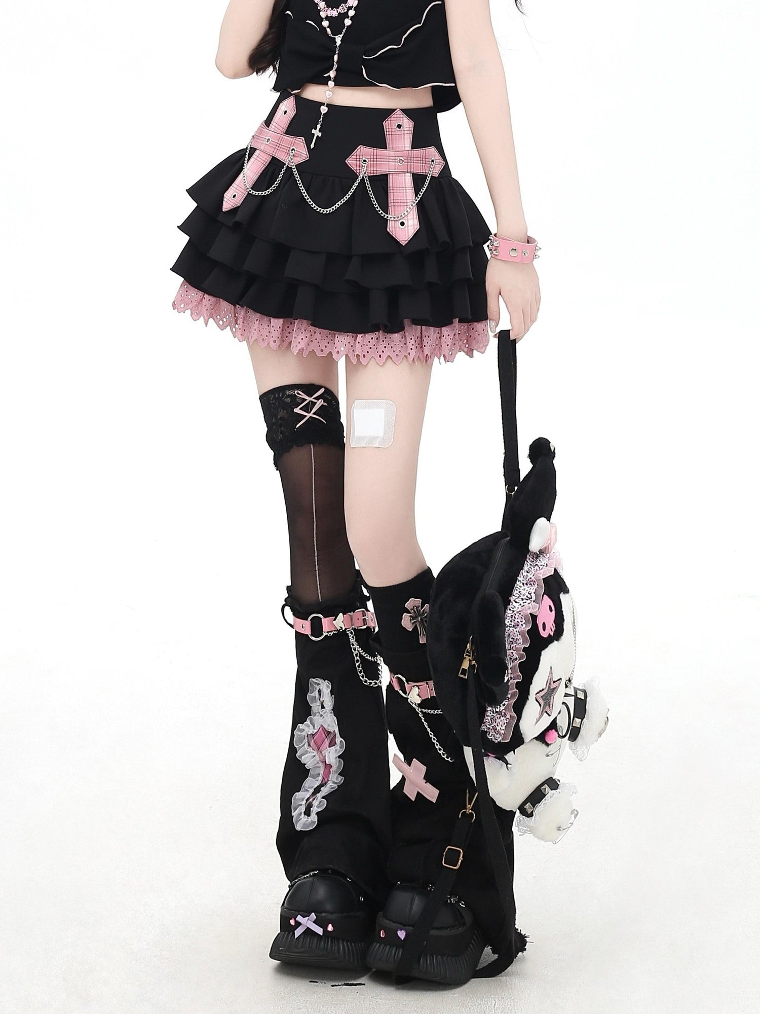 Crazy Girl Puff Ruffled Chain Colorblock High Waist Women&
