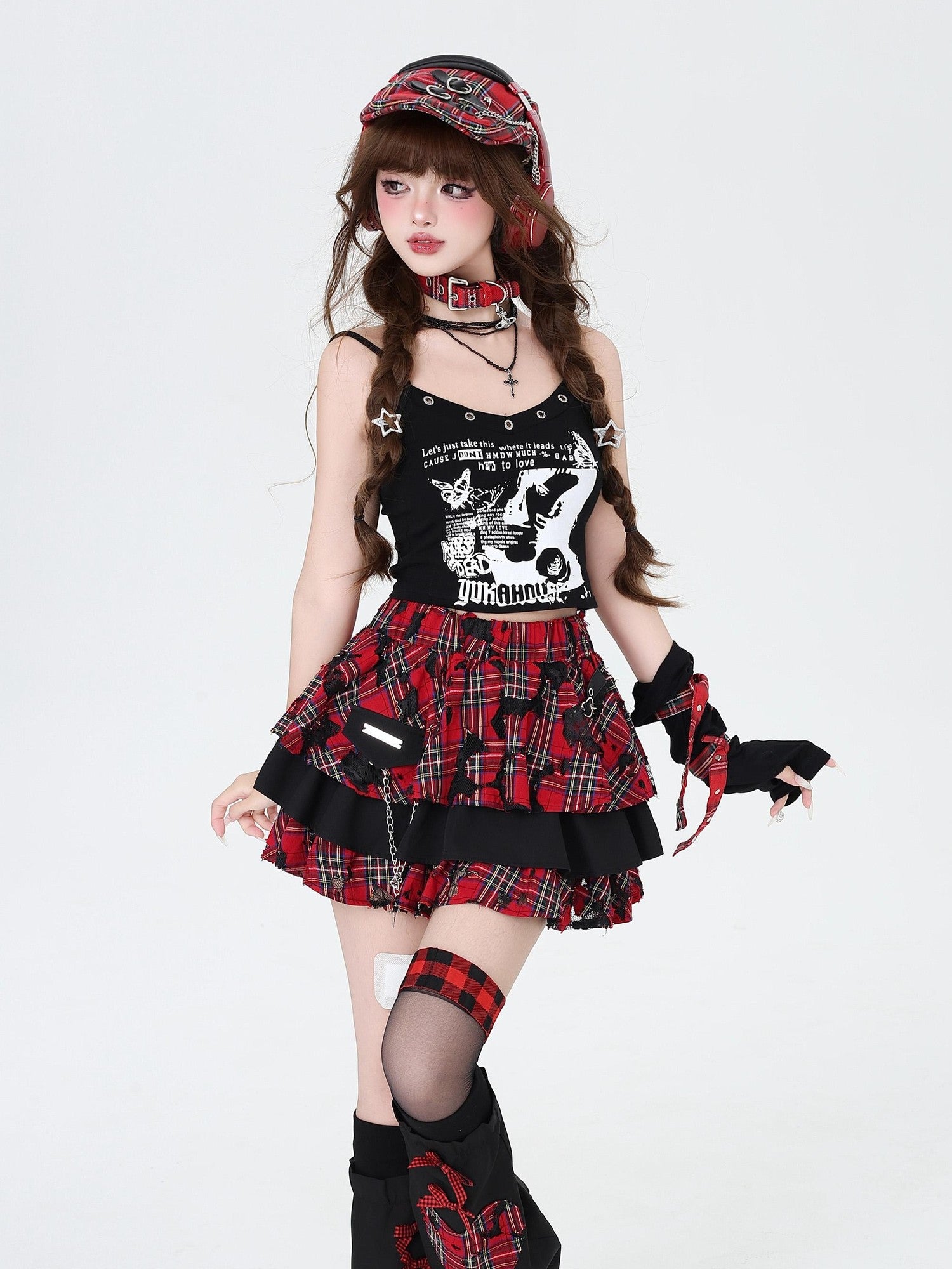 Crazy Girl Punk Plaid Chain Distressed Pleated Women&