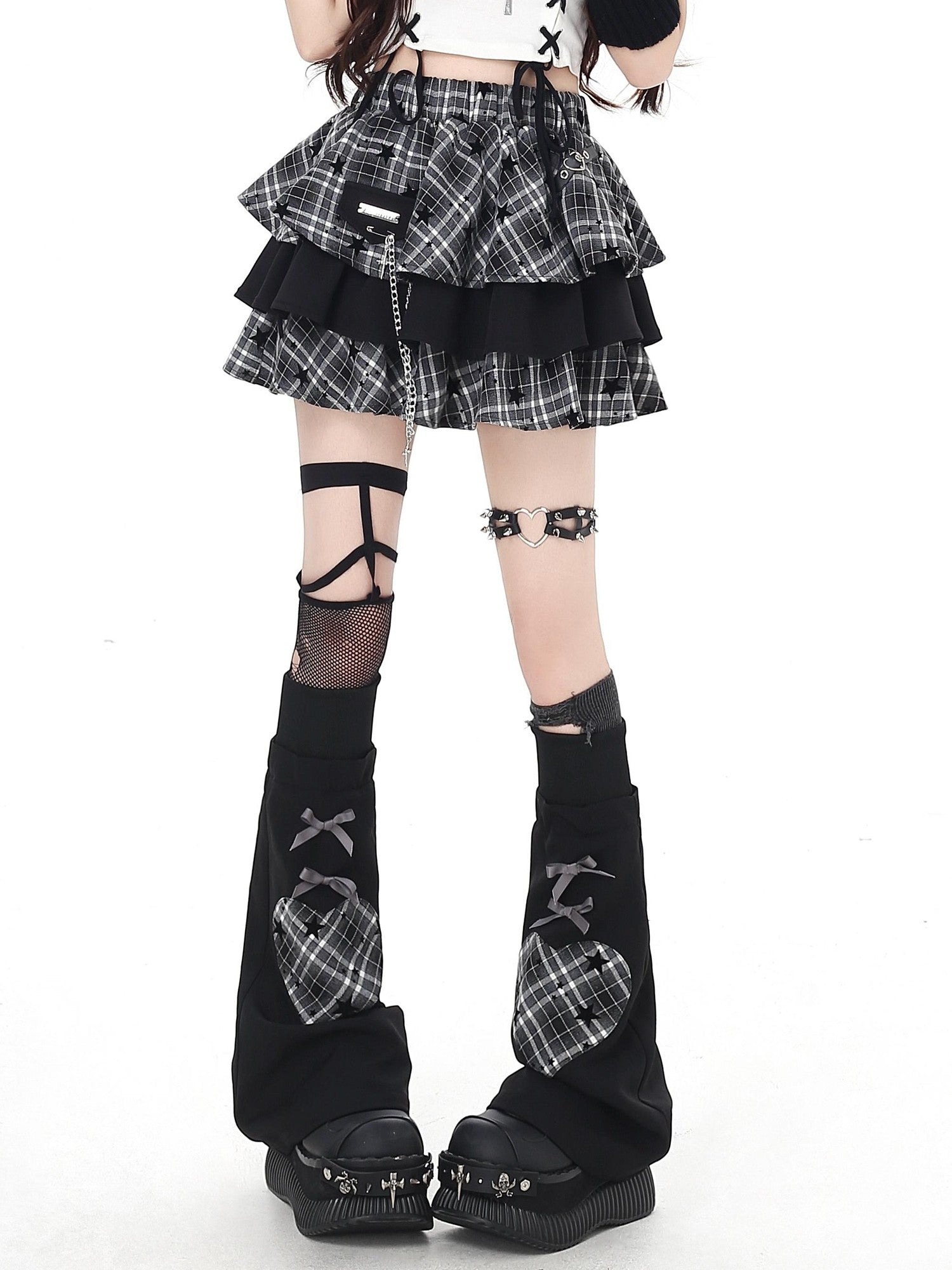 Crazy Girl Punk Plaid Chain Distressed Pleated Women&