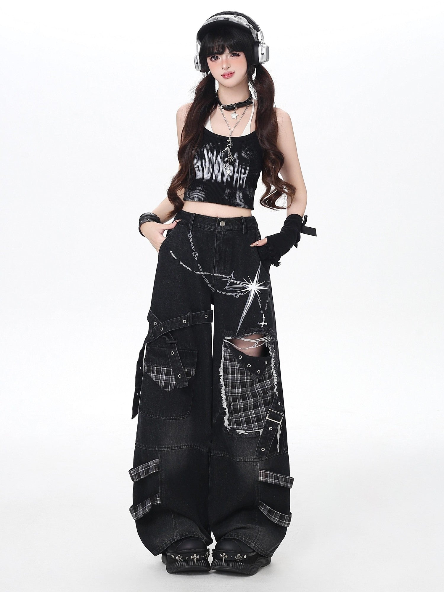 Crazy Girl Punk Street Distressed Ripped High Waist Plaid Women&