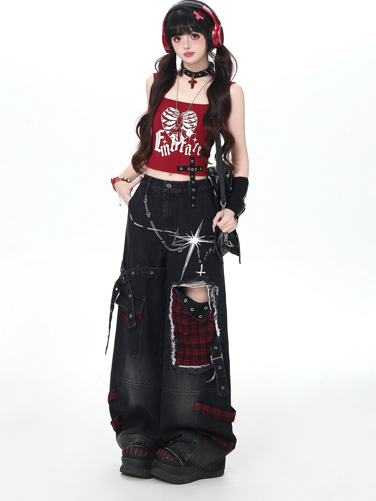 Crazy Girl Punk Street Distressed Ripped High Waist Plaid Women&