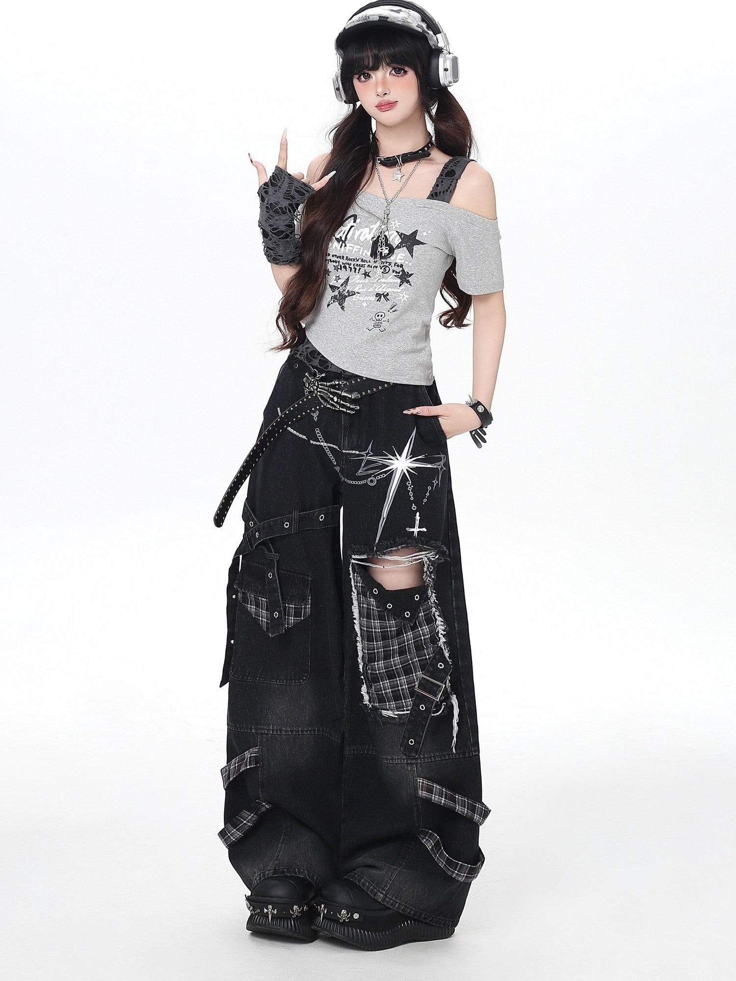 Crazy Girl Punk Street Distressed Ripped High Waist Plaid Women&