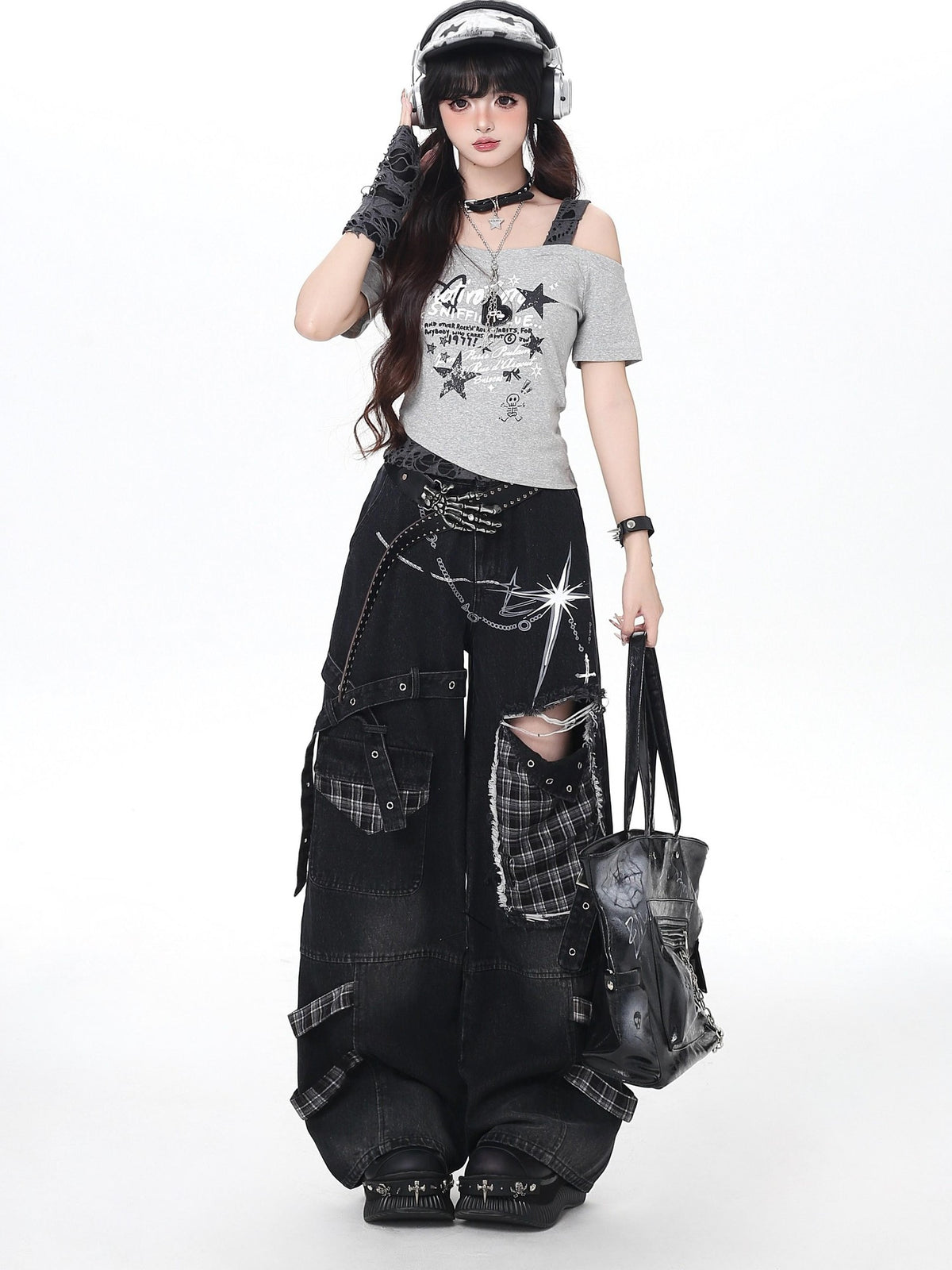 Crazy Girl Punk Street Distressed Ripped High Waist Plaid Women&